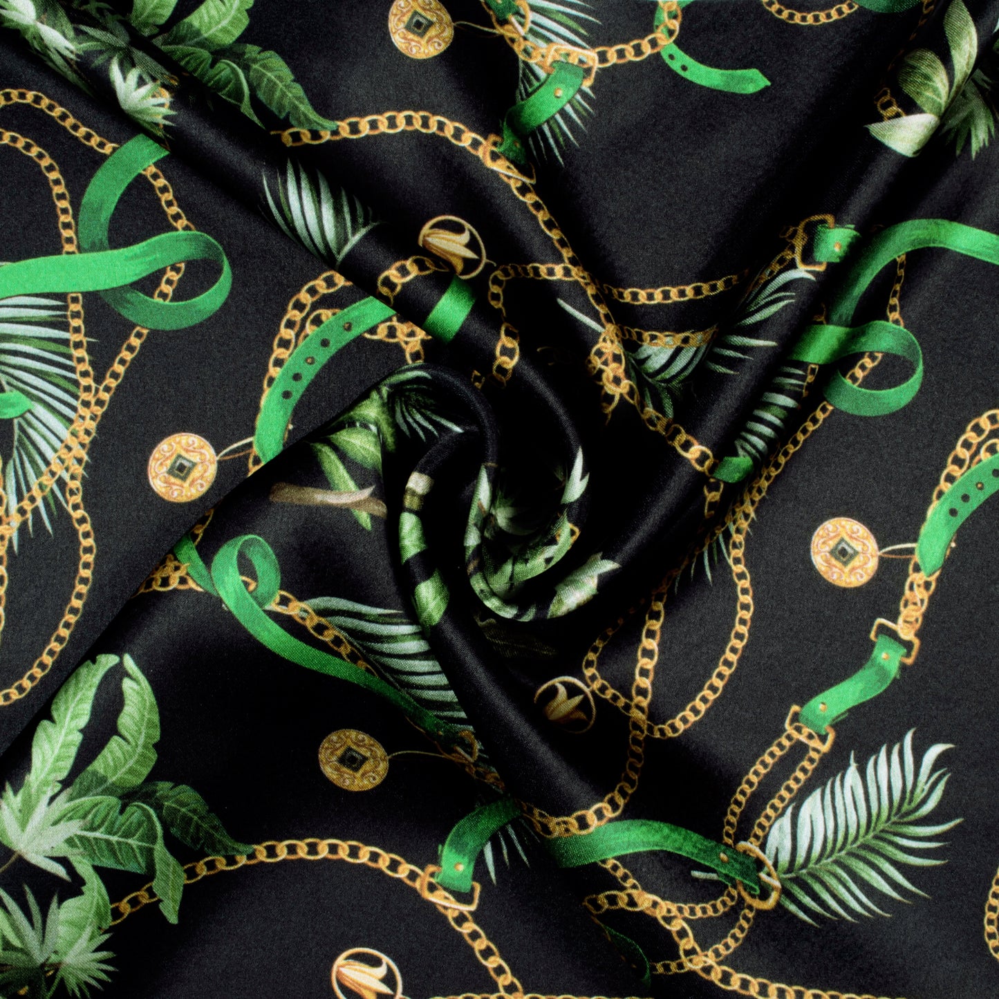 Black And Green Chain Pattern Digital Print Japan Satin Fabric - Fabcurate