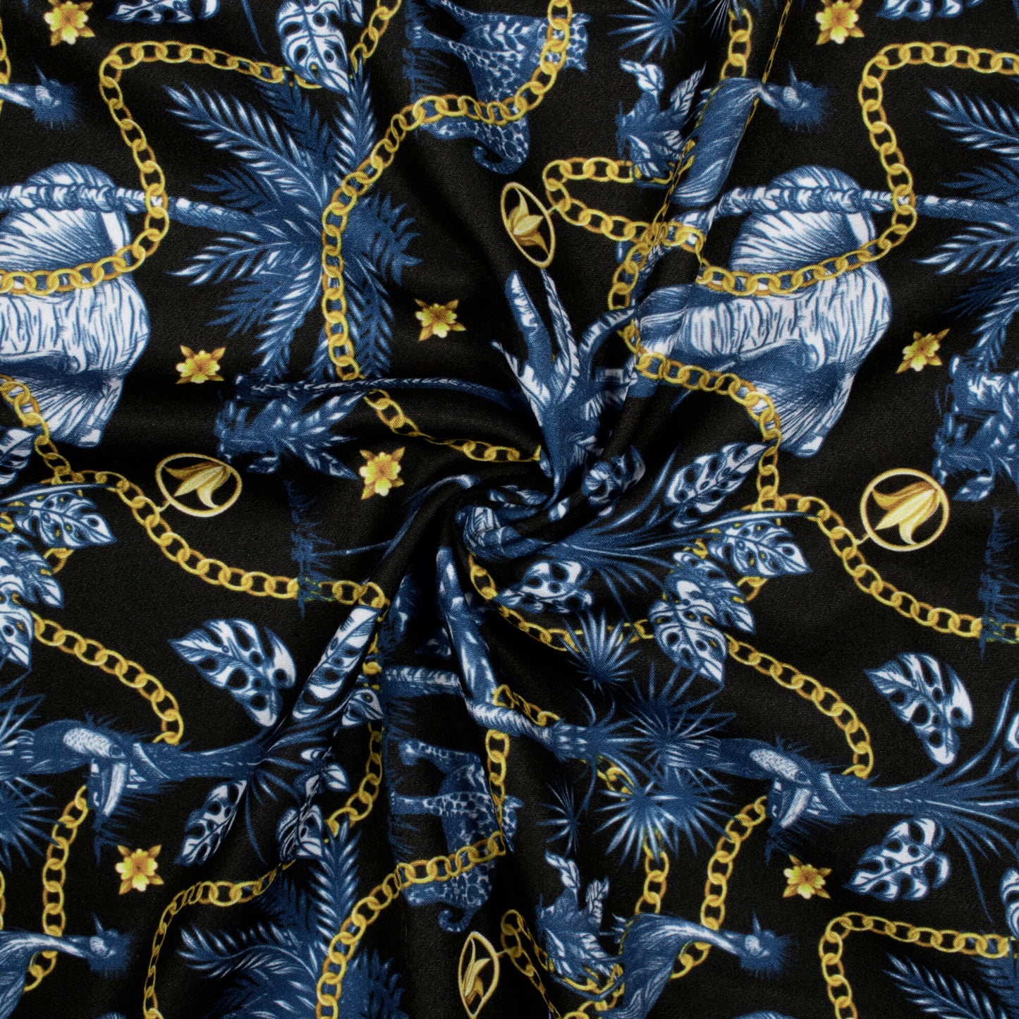 Black And Royal Blue Chain Pattern Digital Print American Crepe Fabric - Fabcurate