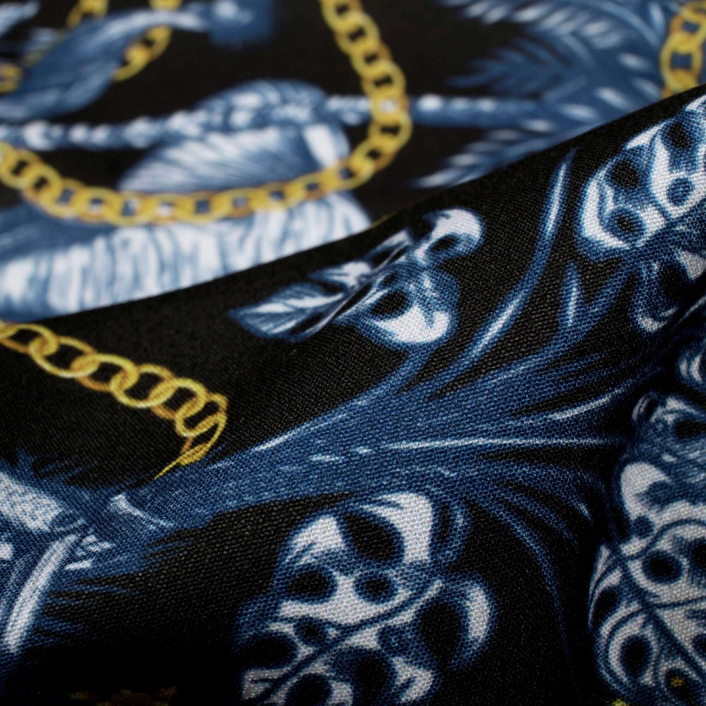 Black And Royal Blue Chain Pattern Digital Print American Crepe Fabric - Fabcurate