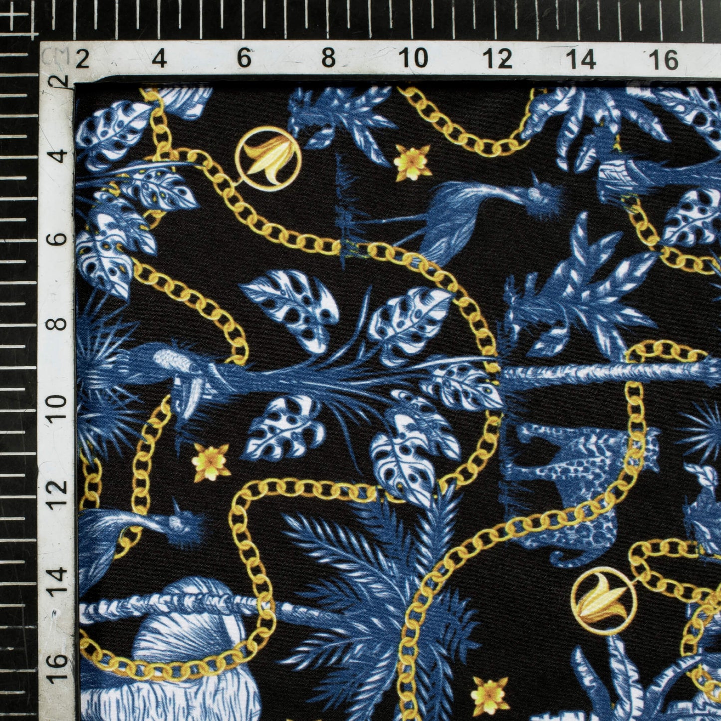 Black And Royal Blue Chain Pattern Digital Print American Crepe Fabric - Fabcurate