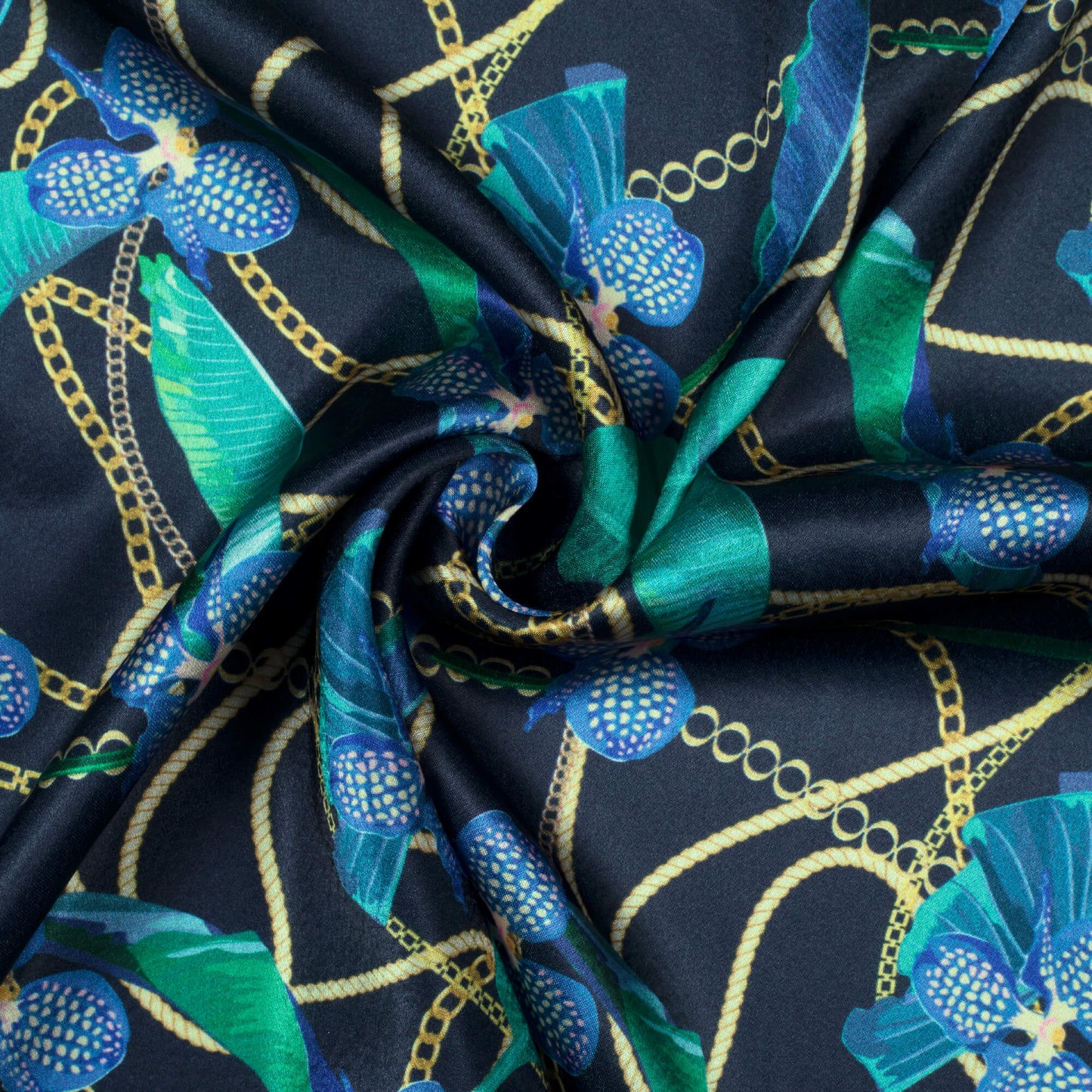 Royal Blue And Turquoise Chain Pattern Digital Print Japan Satin Fabric - Fabcurate