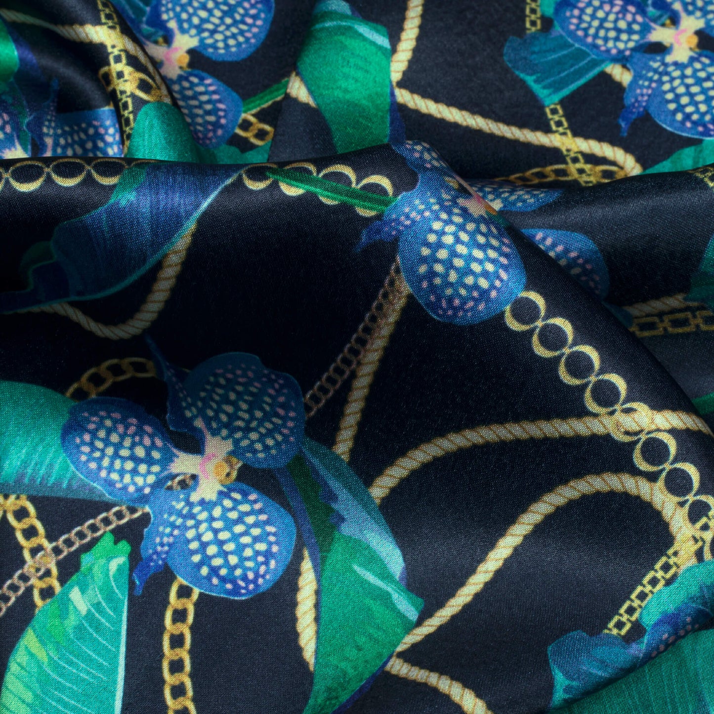 Royal Blue And Turquoise Chain Pattern Digital Print Japan Satin Fabric - Fabcurate