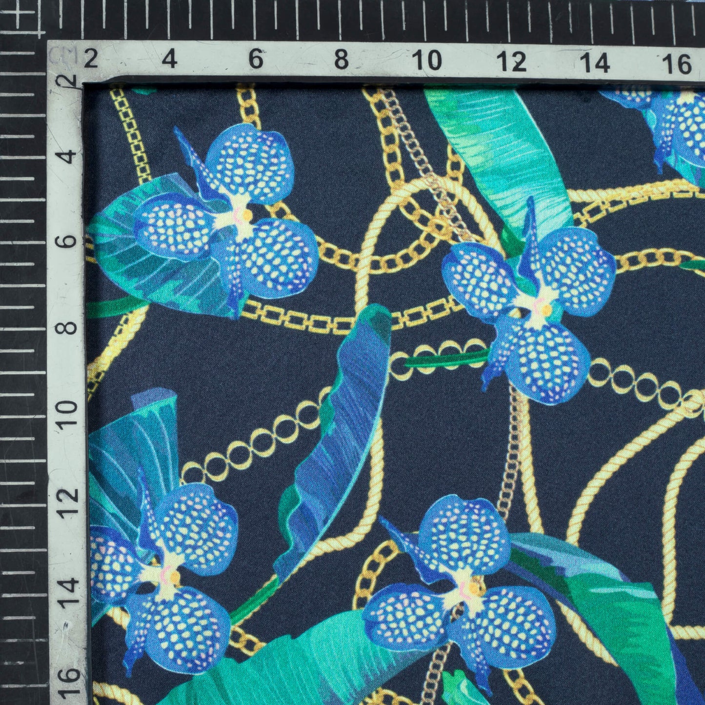Royal Blue And Turquoise Chain Pattern Digital Print Japan Satin Fabric - Fabcurate
