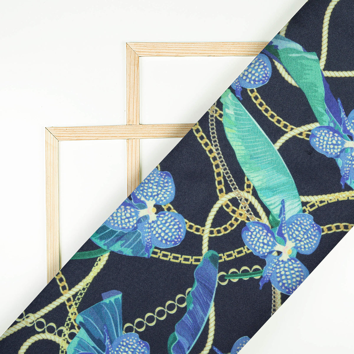 Royal Blue And Turquoise Chain Pattern Digital Print Japan Satin Fabric - Fabcurate