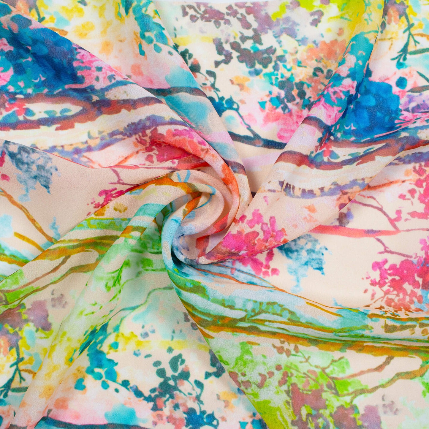 Beige And Pink Rainbow Pattern Digital Print Georgette Fabric