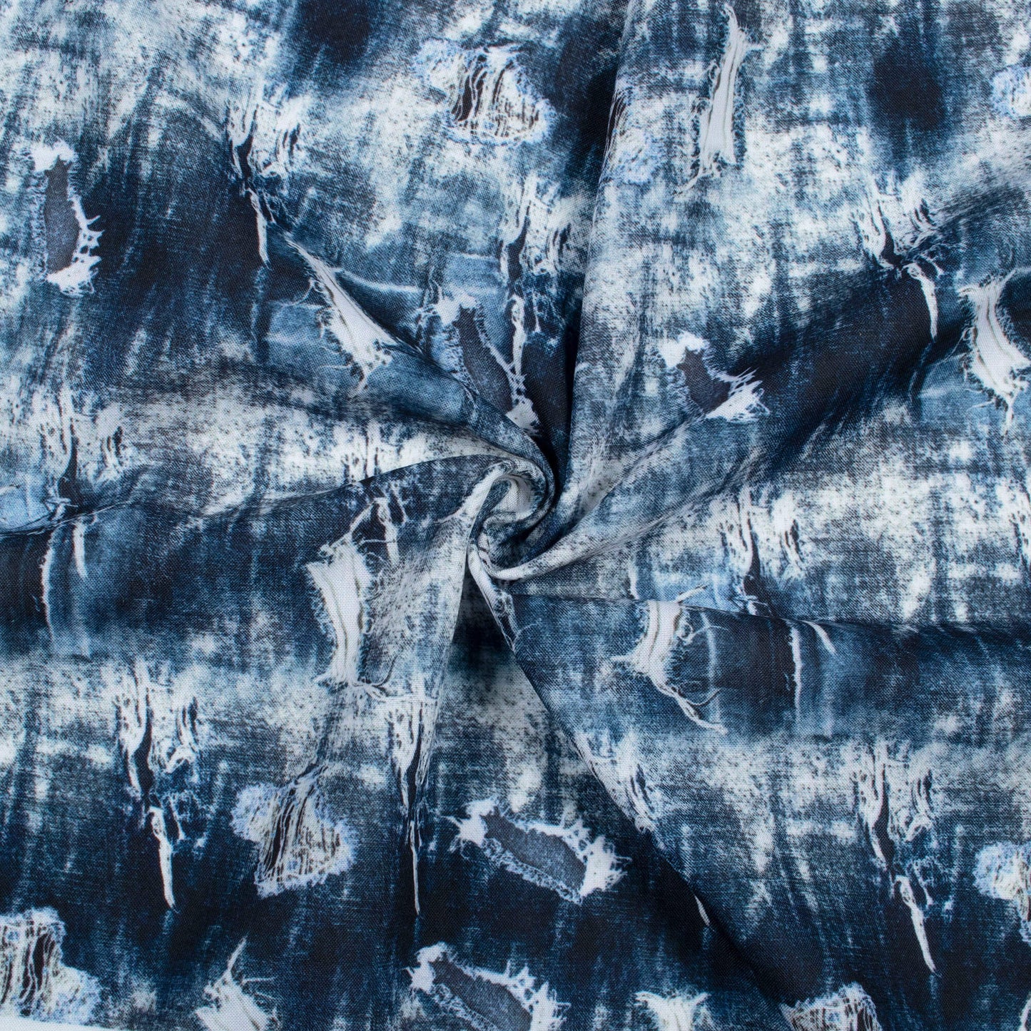 Navy Blue And Cream Denim Pattern Digital Print Rayon Fabric - Fabcurate