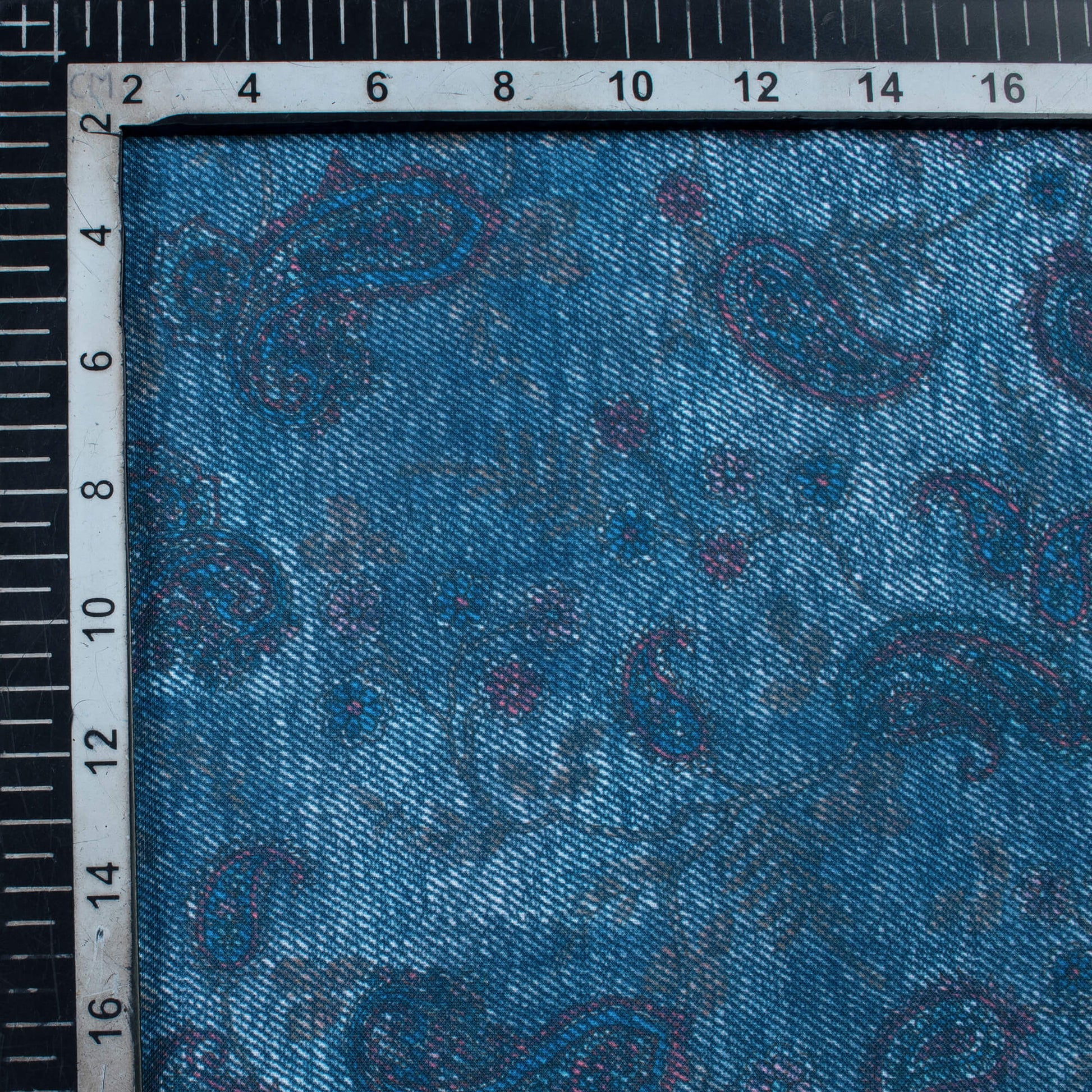 Yale Blue And Red Denim Pattern Digital Print Rayon Fabric - Fabcurate