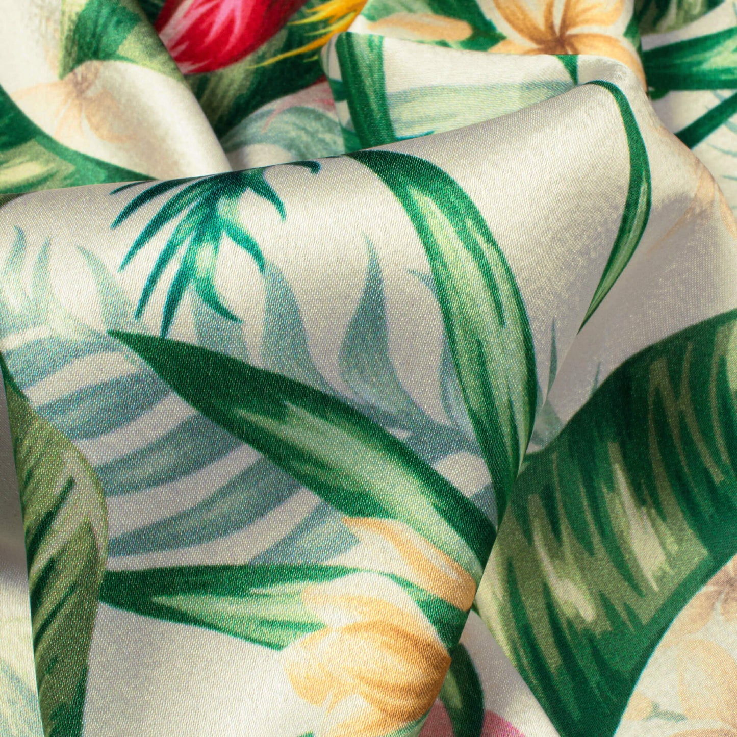 Oyster White And Green Tropical Pattern Digital Print Japan Satin Fabric
