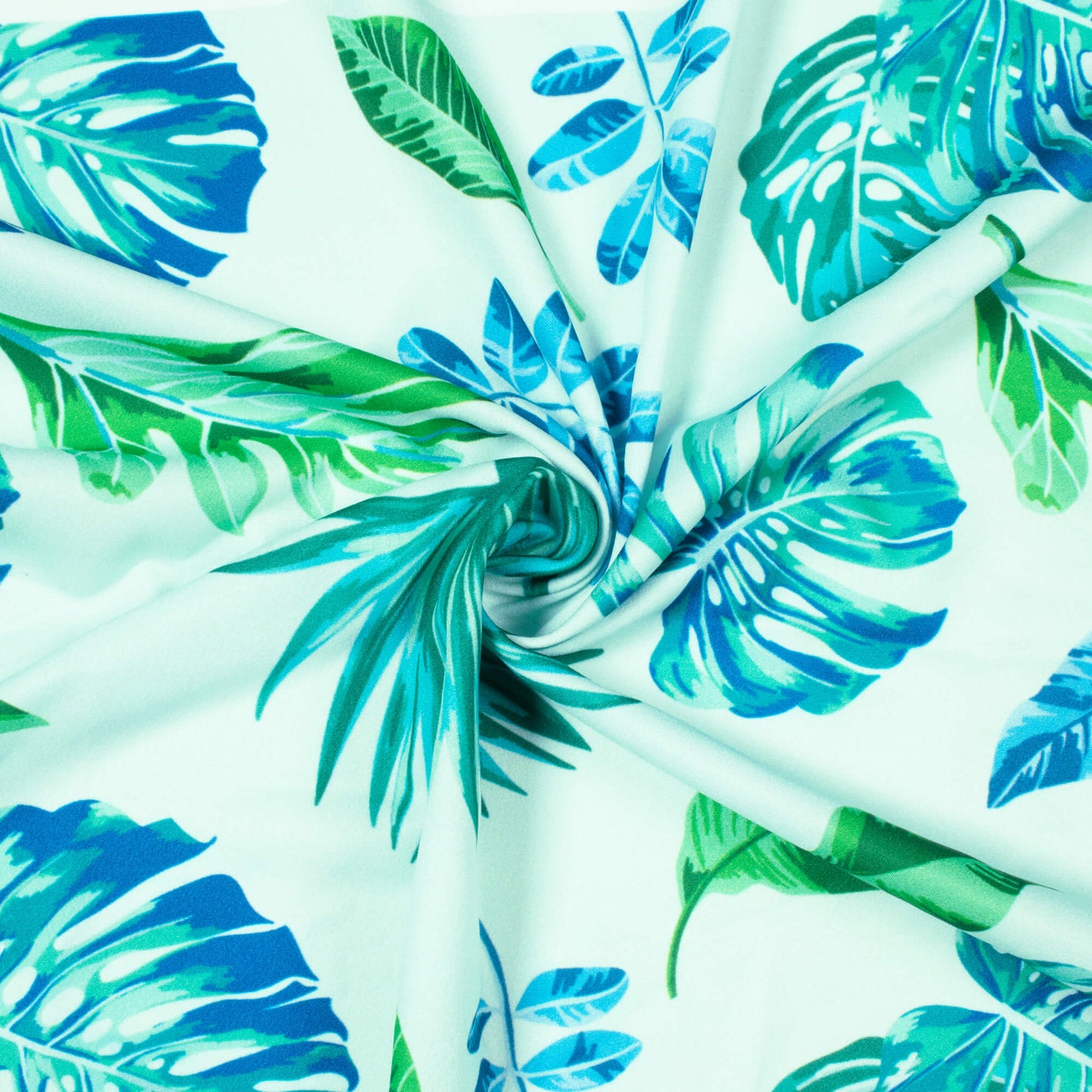 Snow White And Green Tropical Pattern Digital Print American Crepe Fabric - Fabcurate