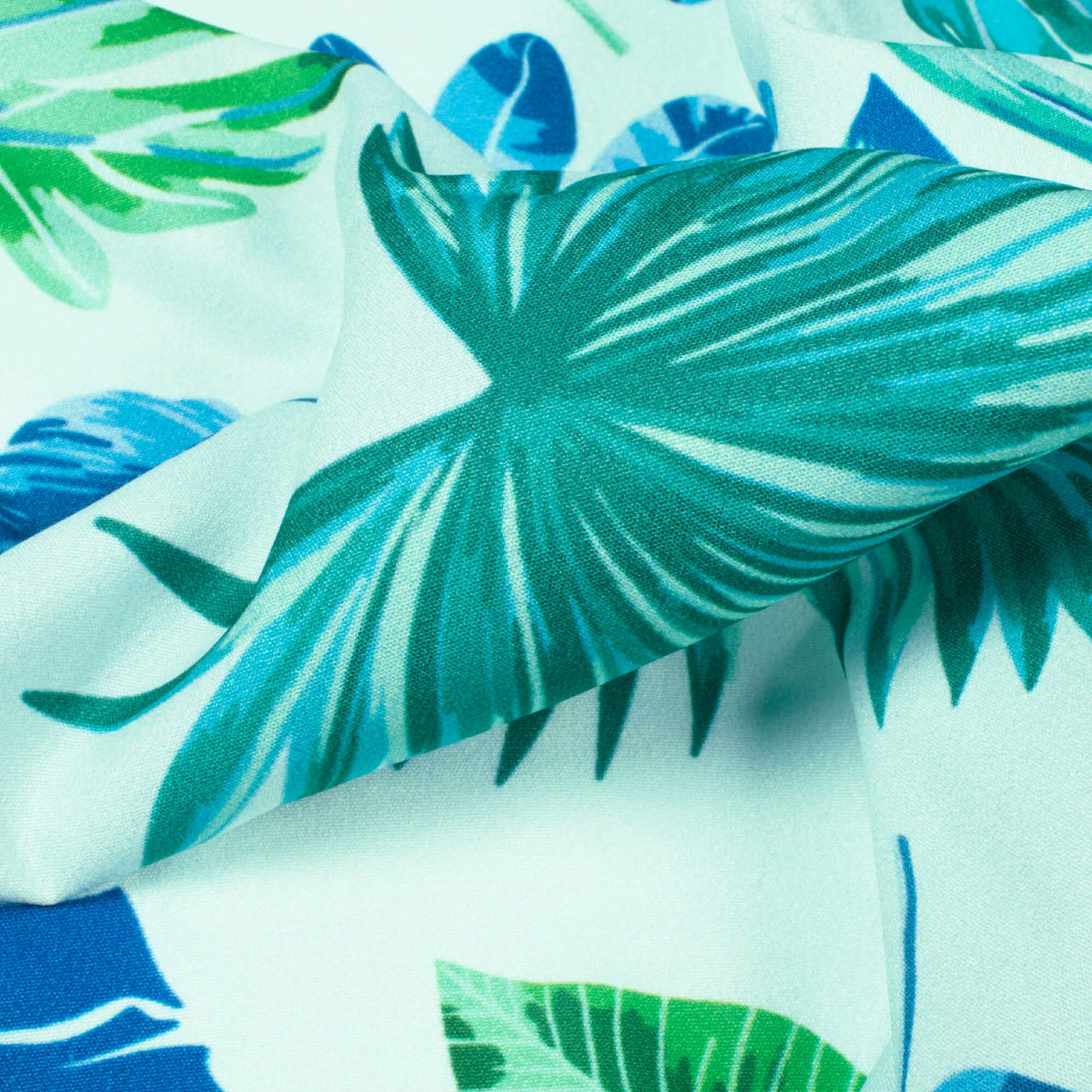 Snow White And Green Tropical Pattern Digital Print American Crepe Fabric - Fabcurate