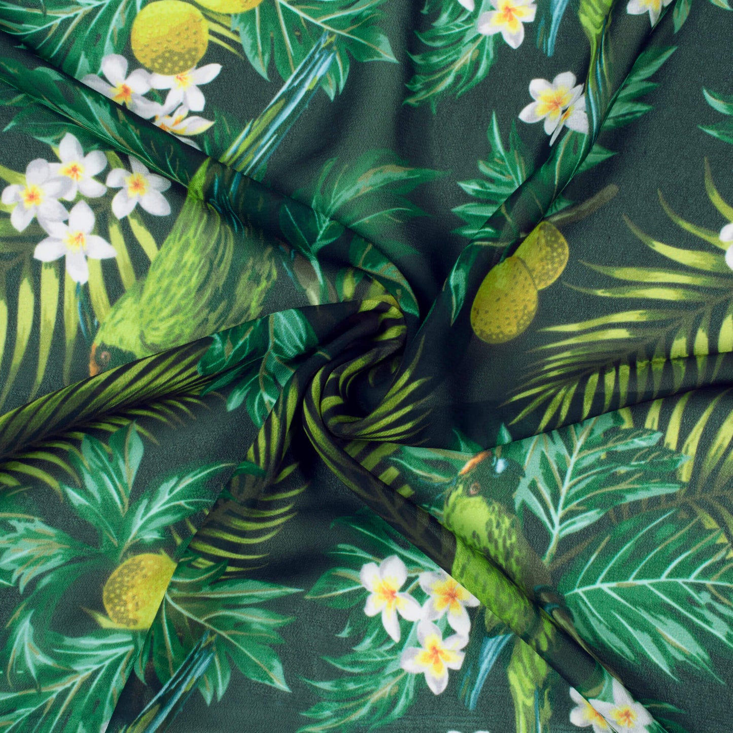 Black And Green Tropical Pattern Digital Print Georgette Fabric