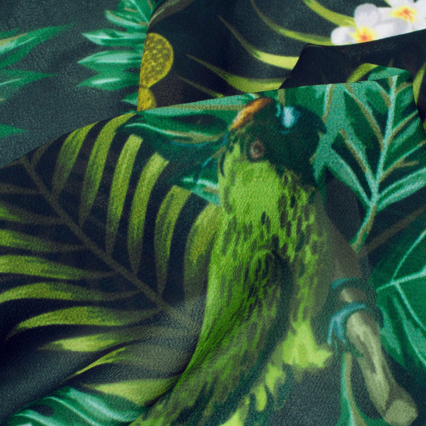Black And Green Tropical Pattern Digital Print Georgette Fabric