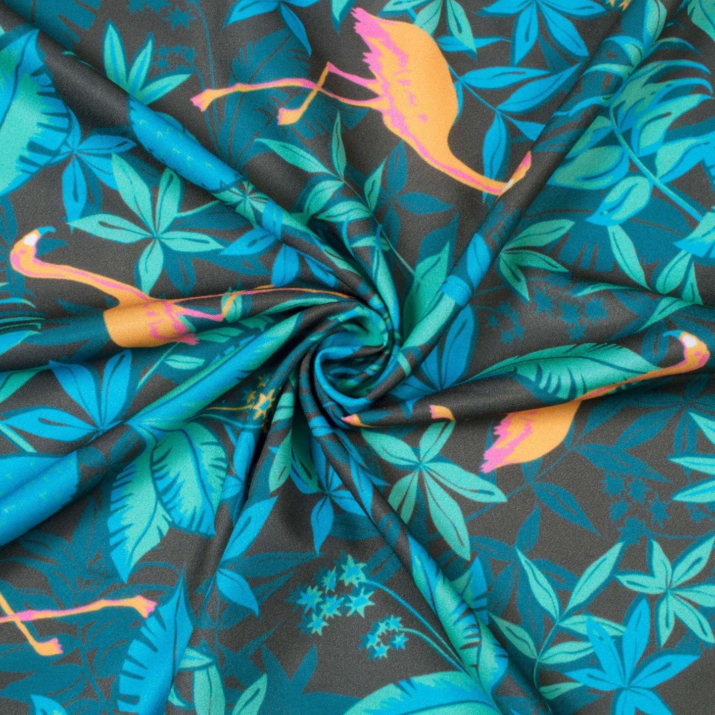 Black And Azure Blue Tropical Pattern Digital Print American Crepe Fabric - Fabcurate