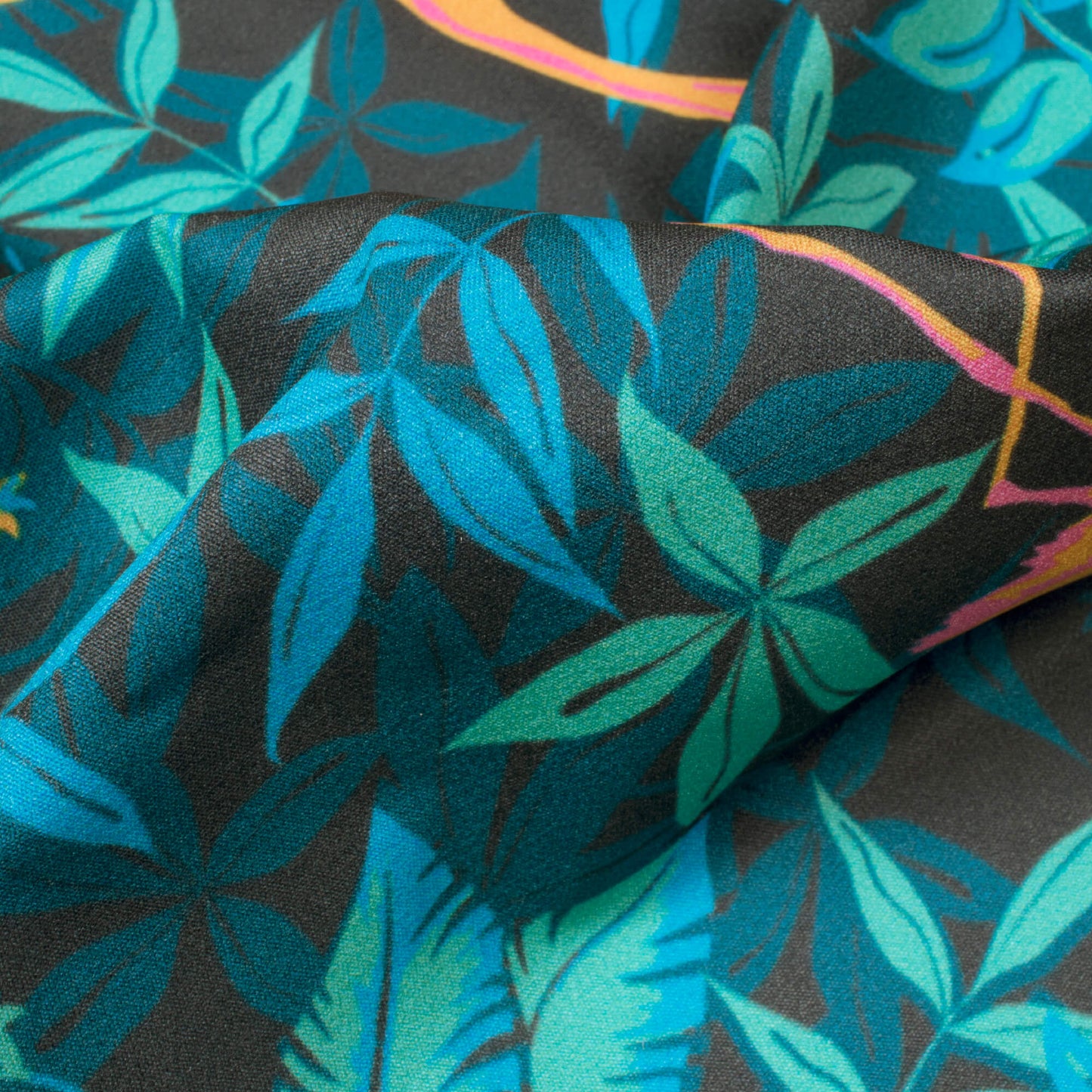 Black And Azure Blue Tropical Pattern Digital Print American Crepe Fabric - Fabcurate