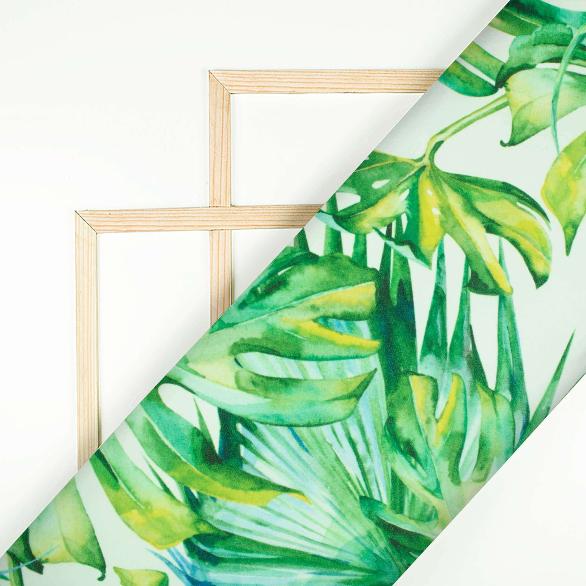 Snow White And Green Tropical Pattern Digital Print Georgette Fabric - Fabcurate