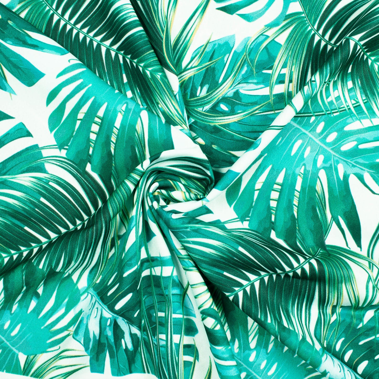 Snow White And Green Tropical Pattern Digital Print American Crepe Fabric - Fabcurate