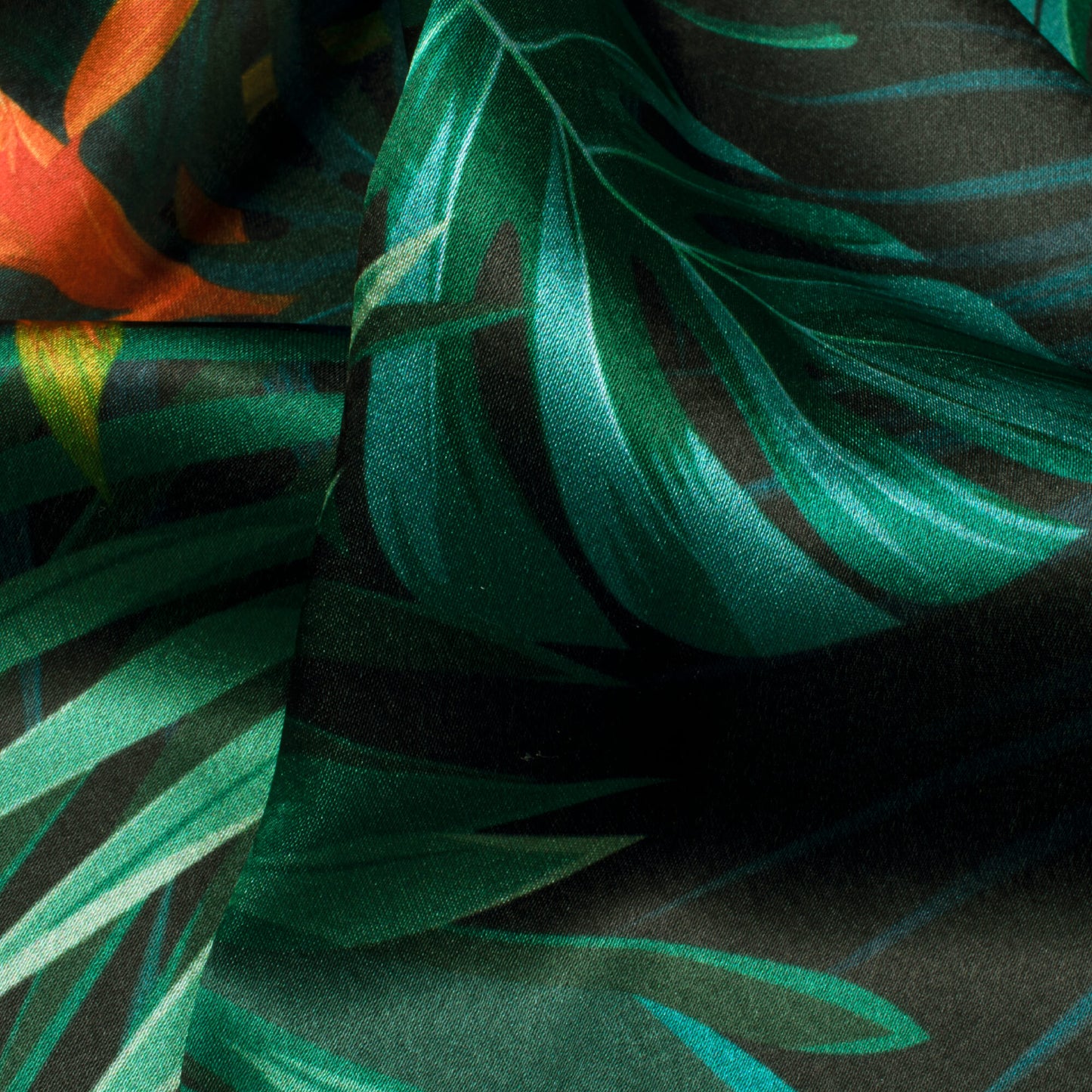 Black And Green Tropical Pattern Digital Print Japan Satin Fabric - Fabcurate