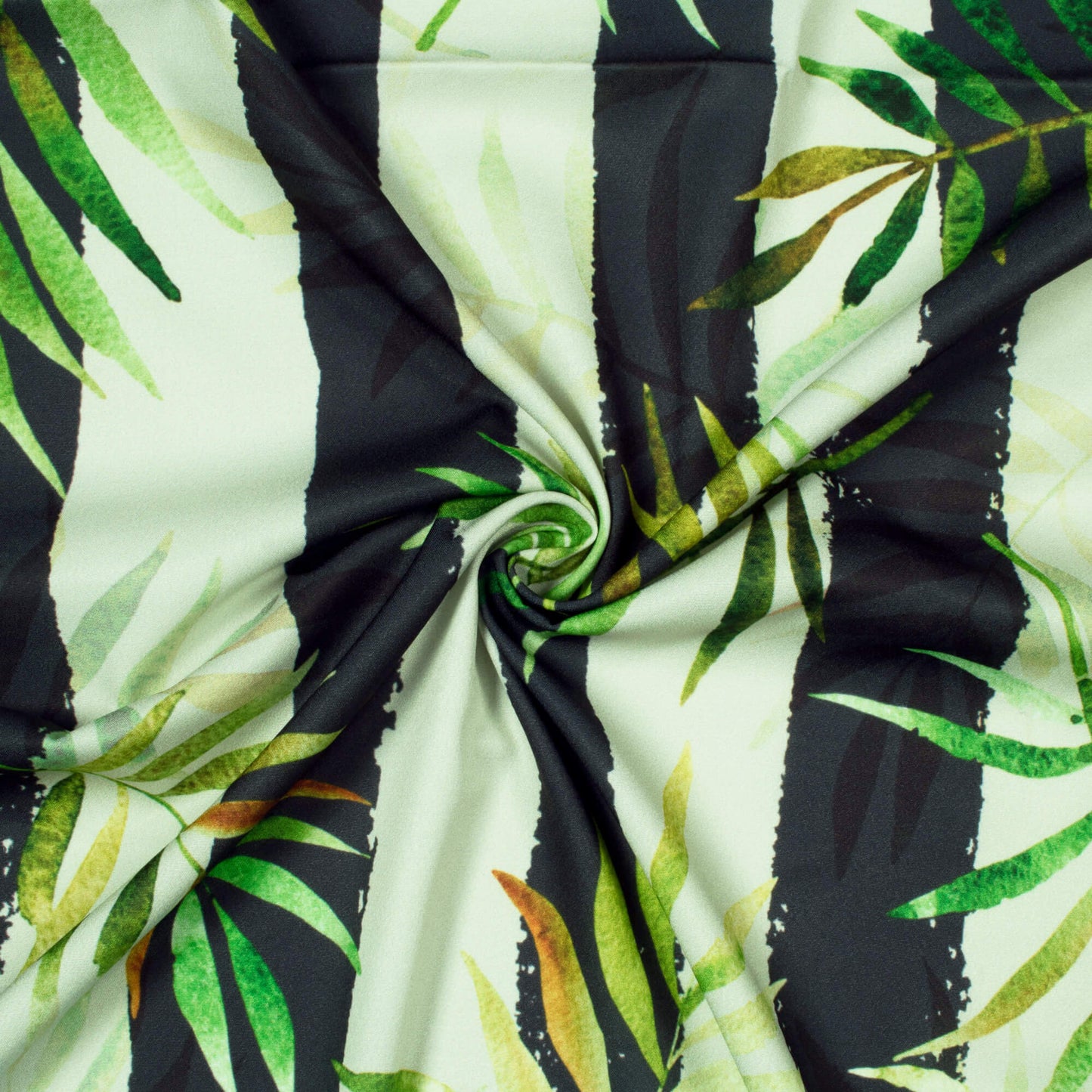 Oyster White And Black Tropical Pattern Digital Print American Crepe Fabric - Fabcurate