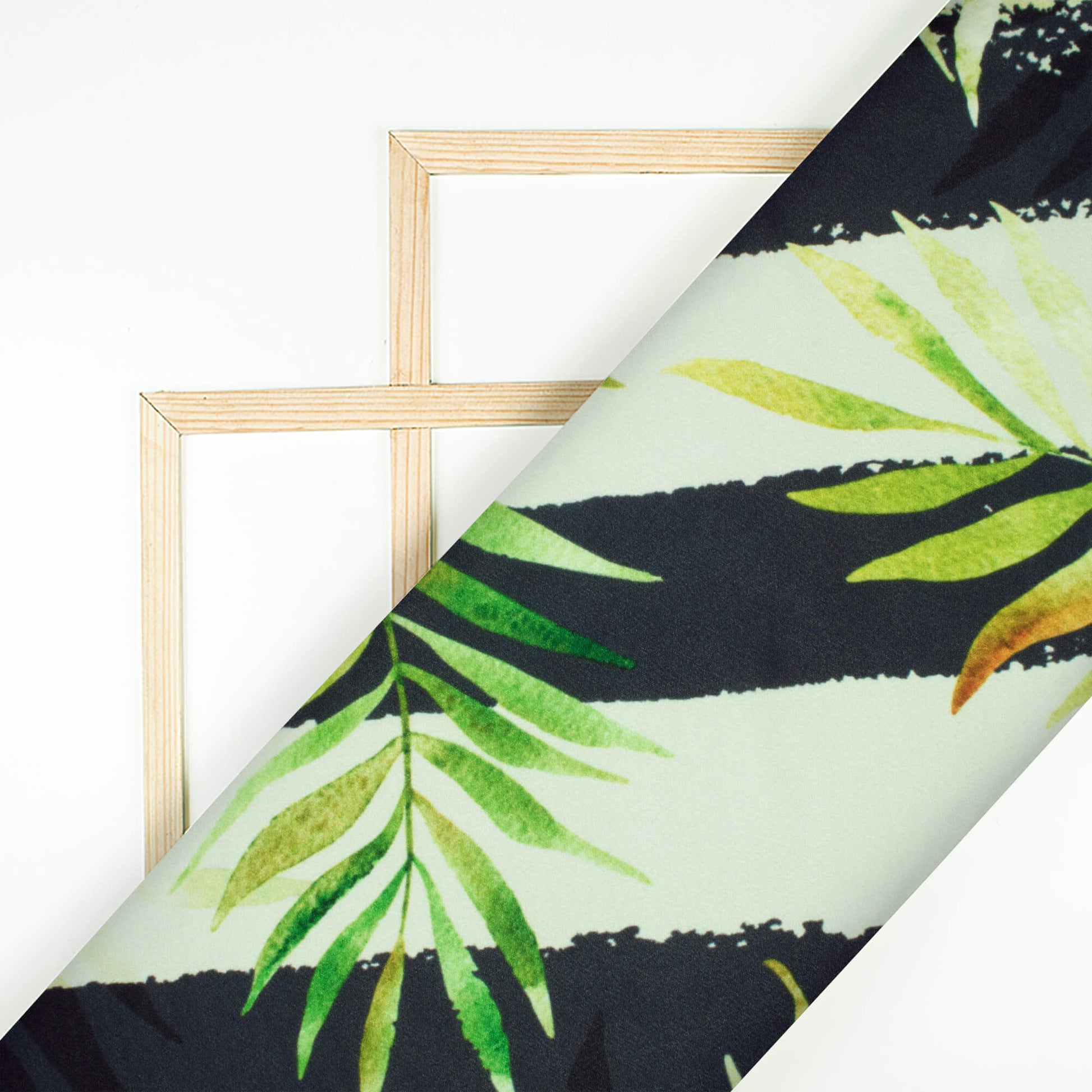 Oyster White And Black Tropical Pattern Digital Print American Crepe Fabric - Fabcurate