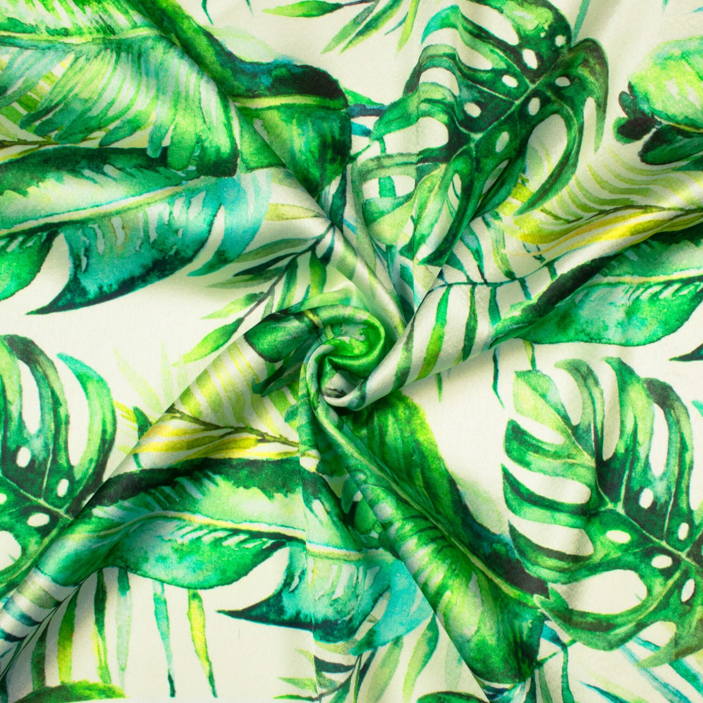 Oyster White And Green Tropical Pattern Digital Print Japan Satin Fabric - Fabcurate