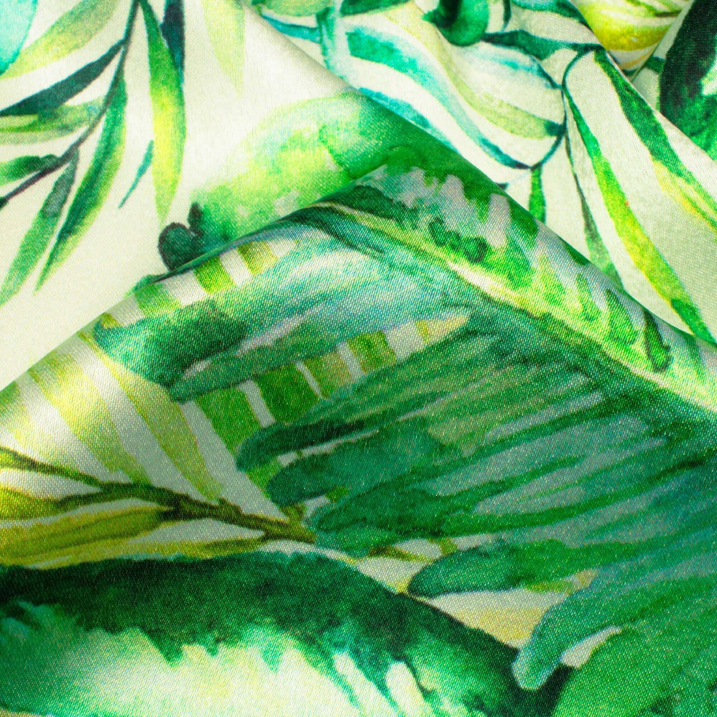 Oyster White And Green Tropical Pattern Digital Print Japan Satin Fabric - Fabcurate