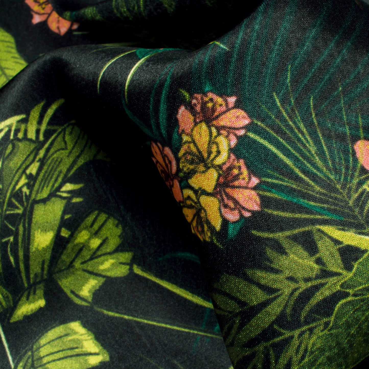 Black And Olive Green Tropical Pattern Digital Print Japan Satin Fabric - Fabcurate