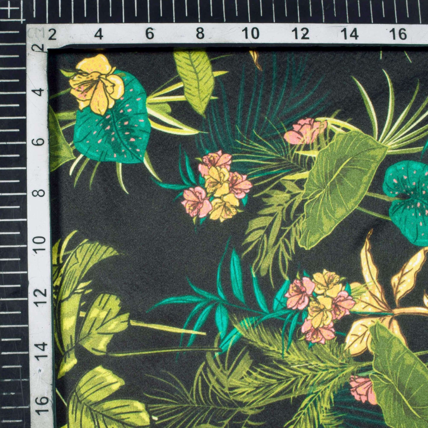 Black And Olive Green Tropical Pattern Digital Print Japan Satin Fabric - Fabcurate