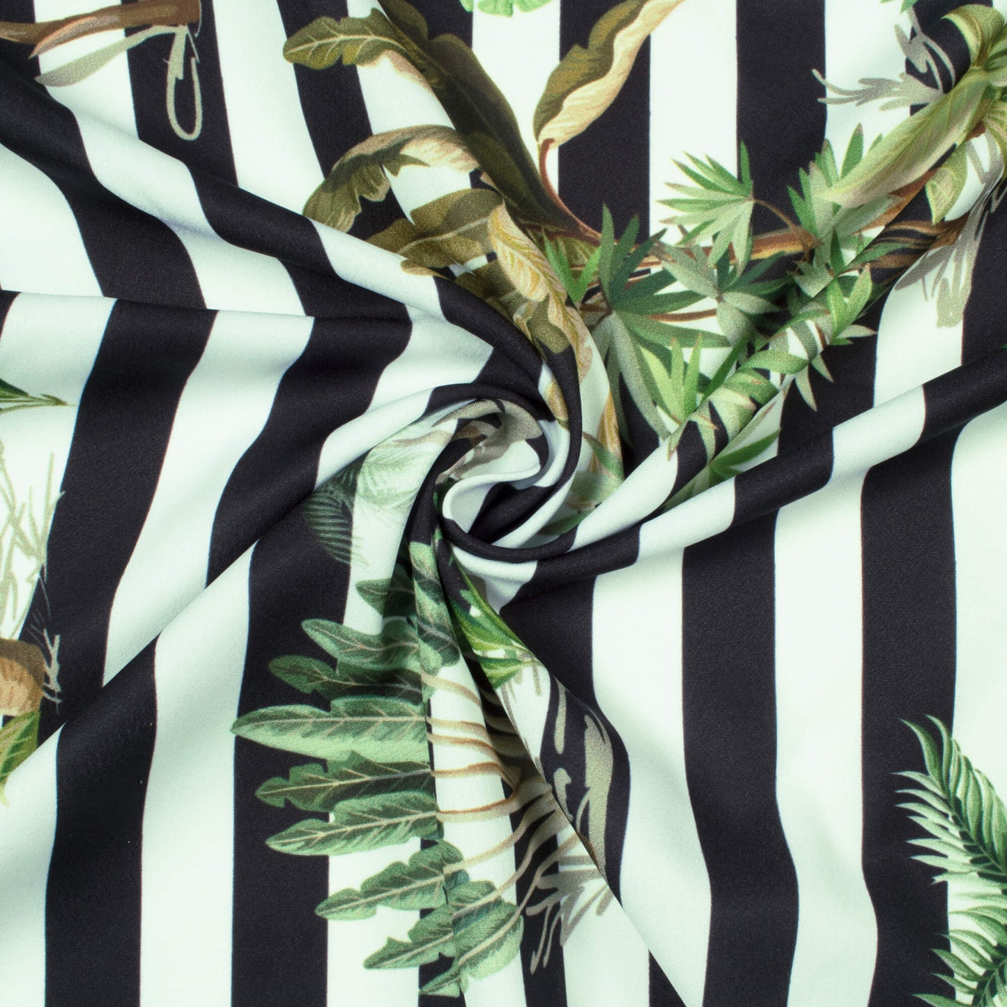 Snow White And Black Tropical Pattern Digital Print American Crepe Fabric - Fabcurate