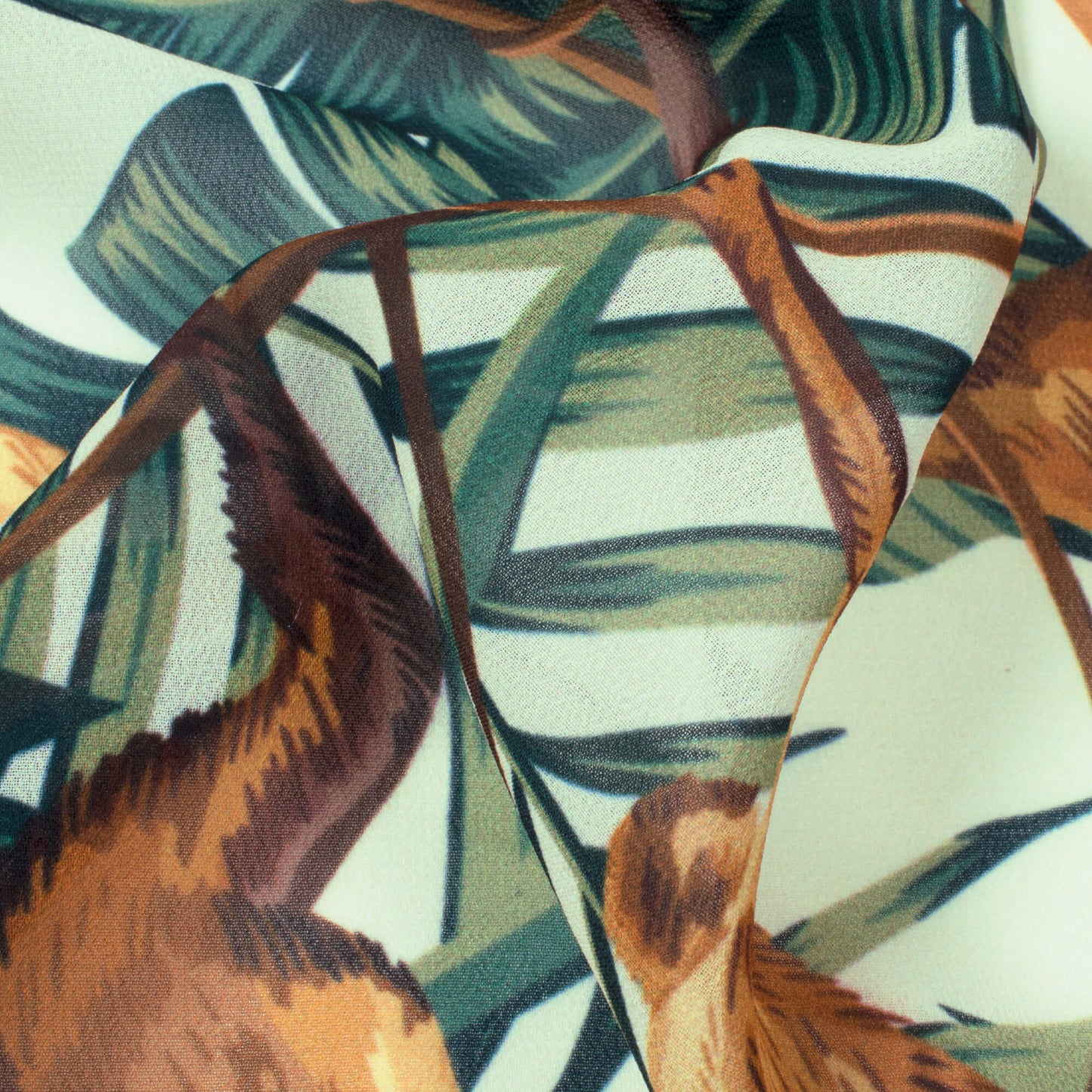 Cream And Brown Tropical Pattern Digital Print Georgette Fabric