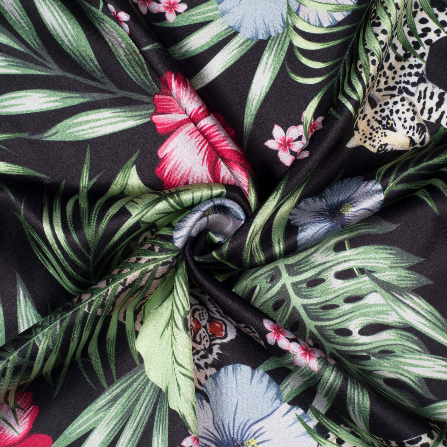 Black And Fuchsia Tropical Pattern Digital Print Japan Satin Fabric - Fabcurate