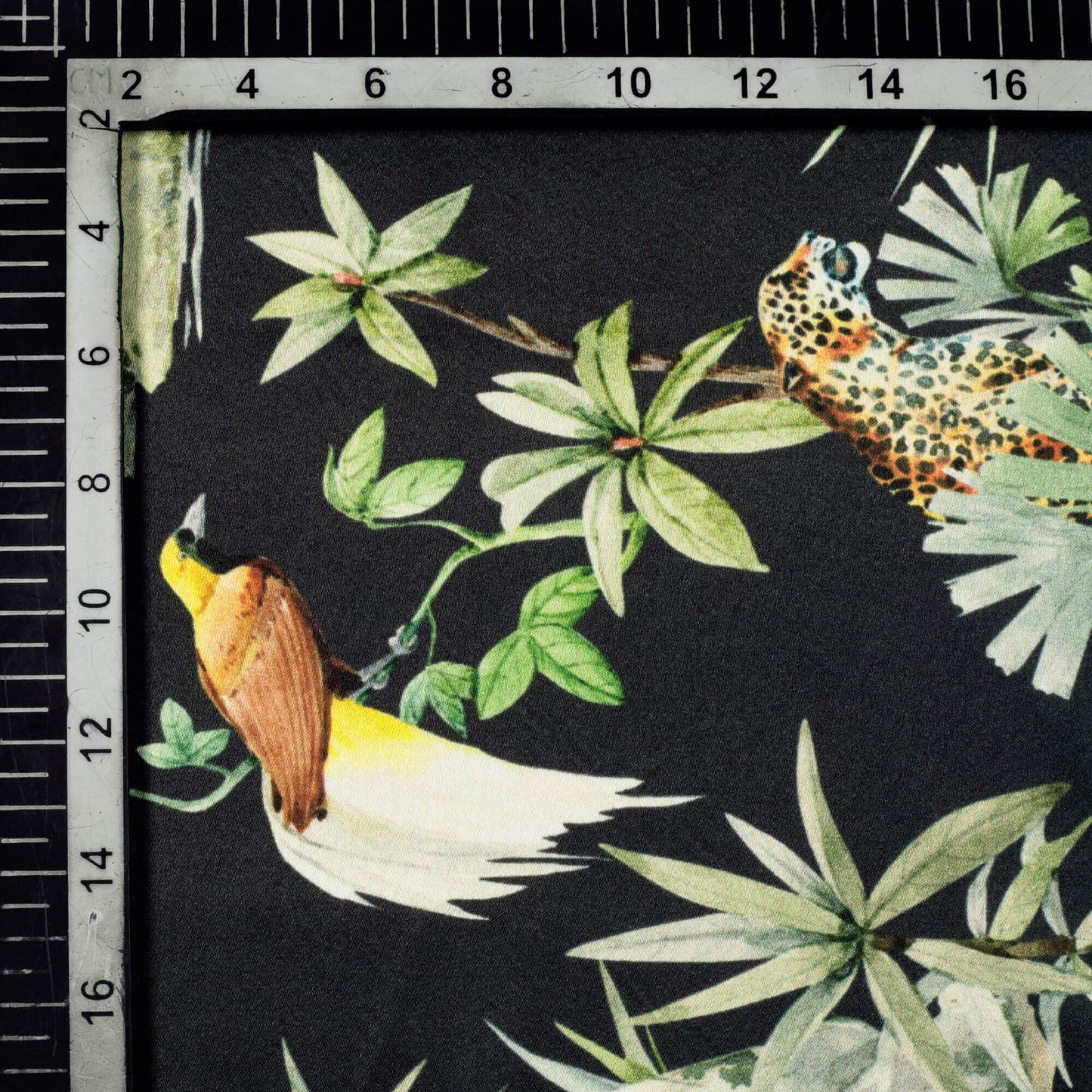 Black And Orange Tropical Pattern Digital Print Japan Satin Fabric - Fabcurate