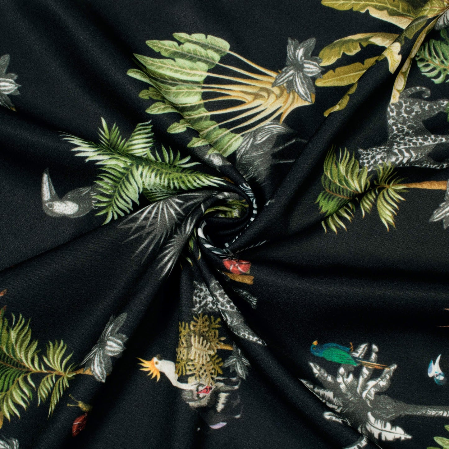 Black And Green Tropical Pattern Digital Print American Crepe Fabric - Fabcurate