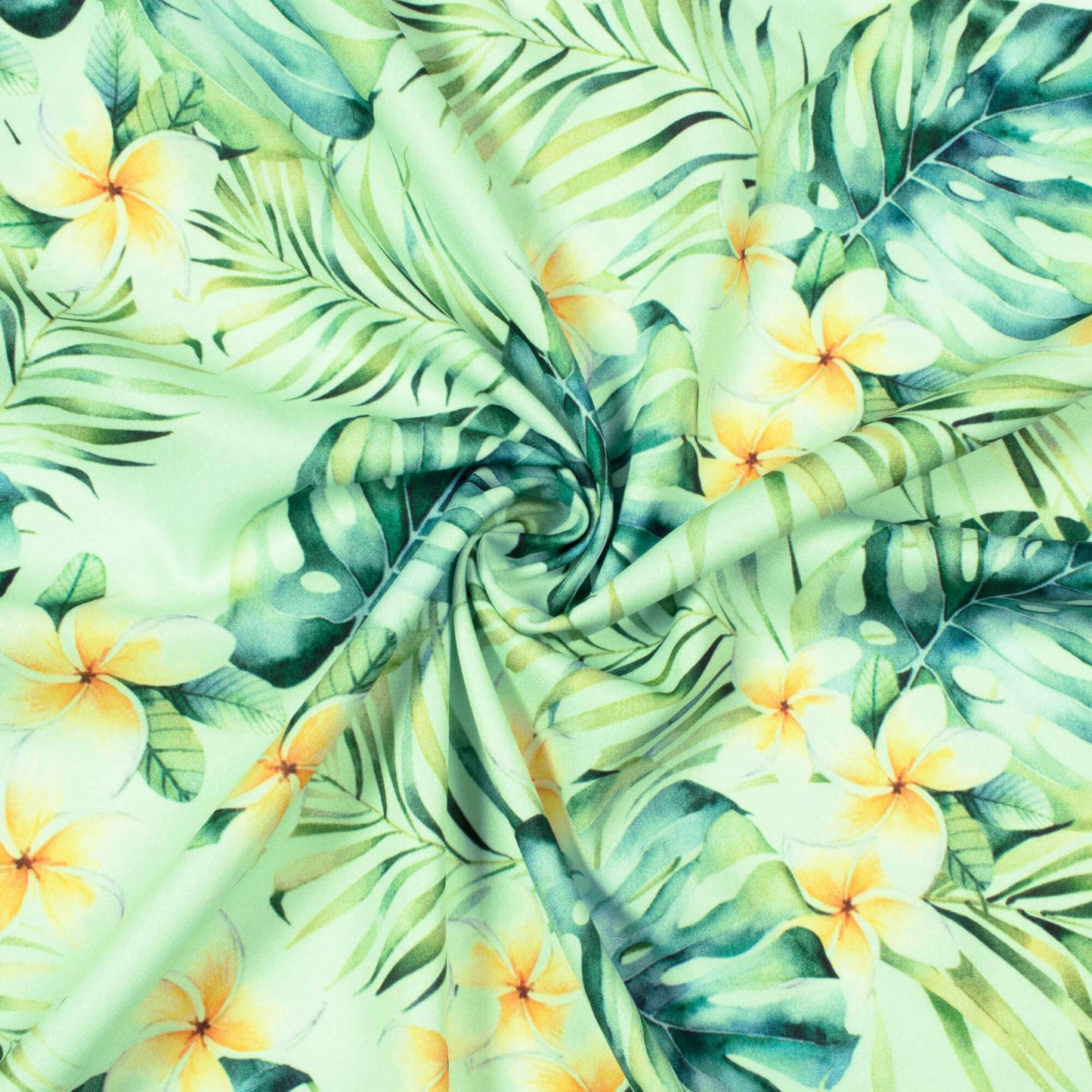 Light Pistachio Green And Yellow Tropical Pattern Digital Print American Crepe Fabric - Fabcurate