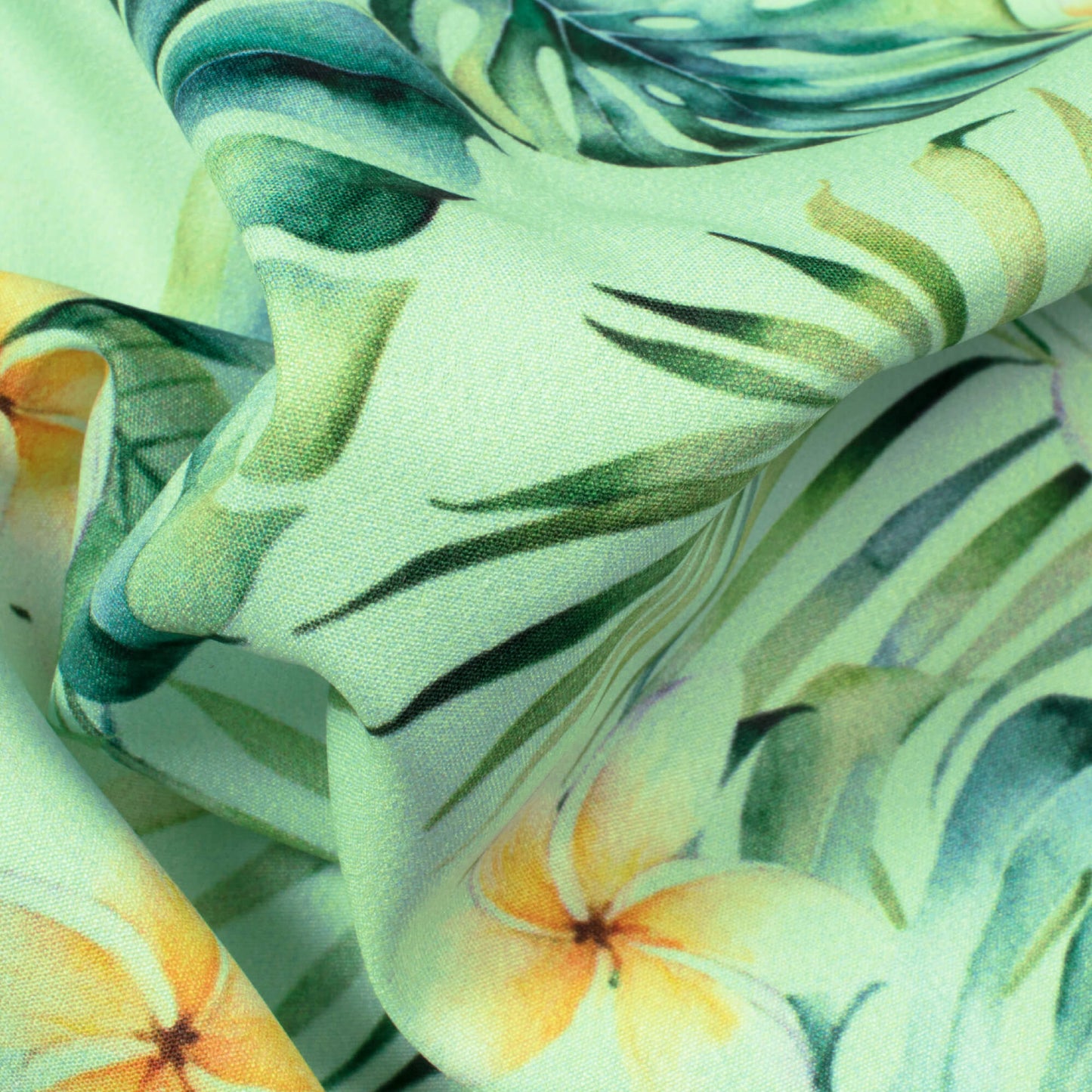 Light Pistachio Green And Yellow Tropical Pattern Digital Print American Crepe Fabric - Fabcurate