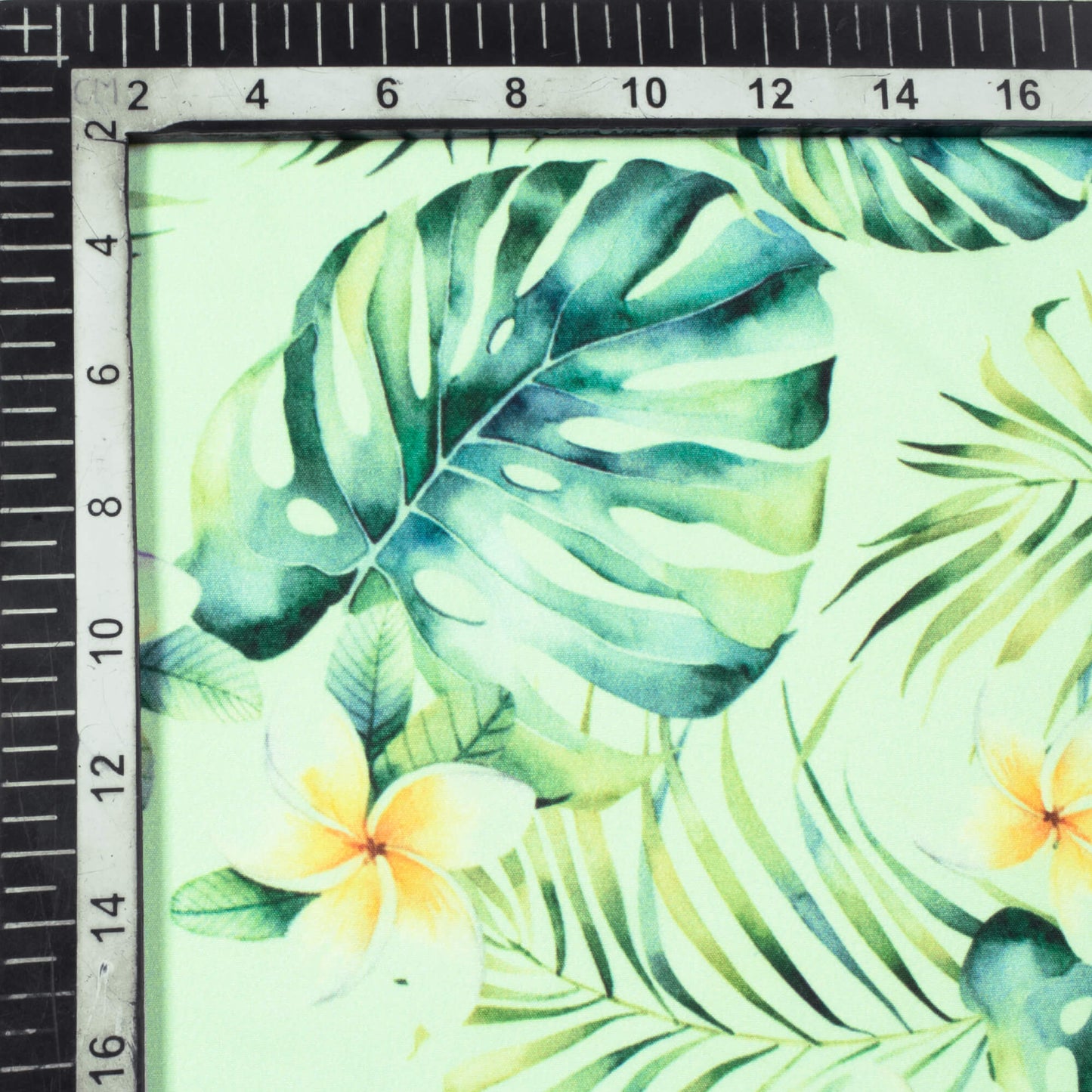 Light Pistachio Green And Yellow Tropical Pattern Digital Print American Crepe Fabric - Fabcurate