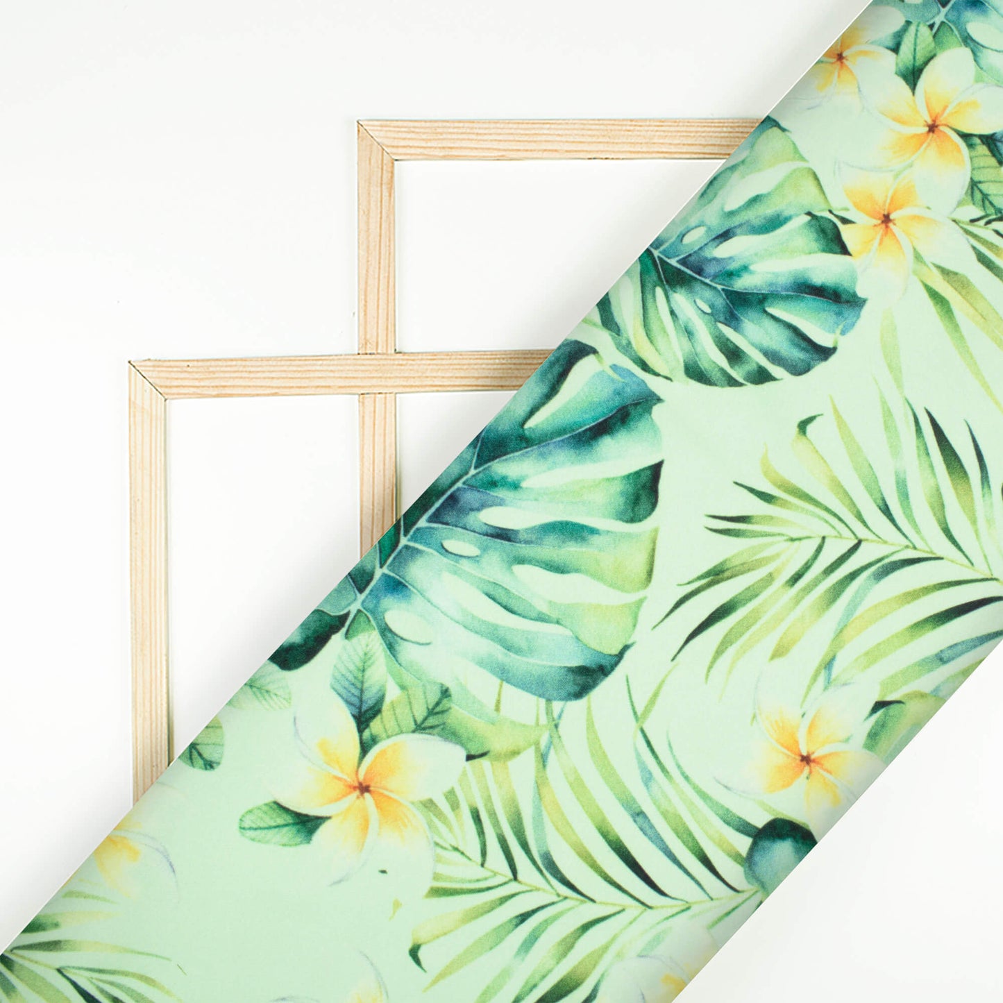 Light Pistachio Green And Yellow Tropical Pattern Digital Print American Crepe Fabric - Fabcurate