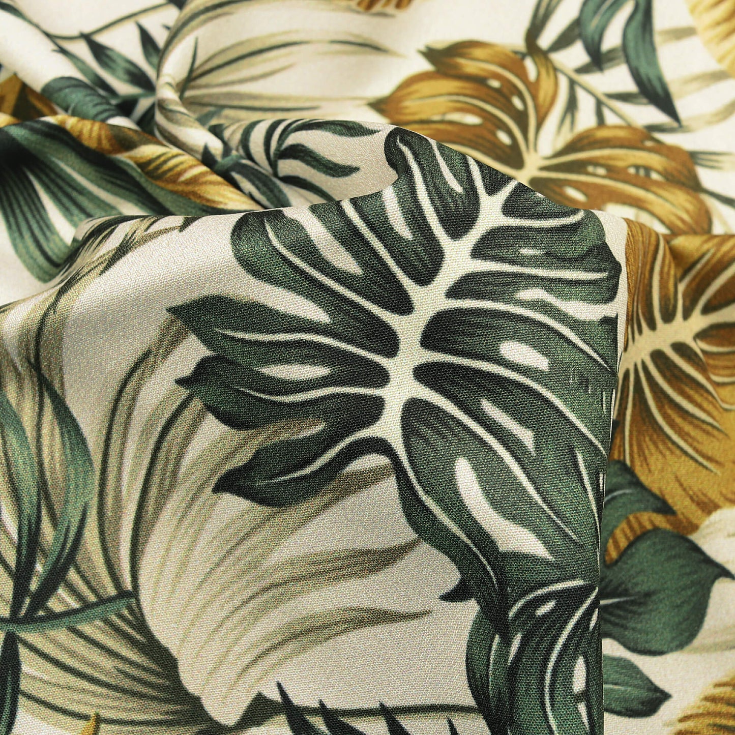 Oyster Cream And Green Tropical Pattern Digital Print American Crepe Fabric