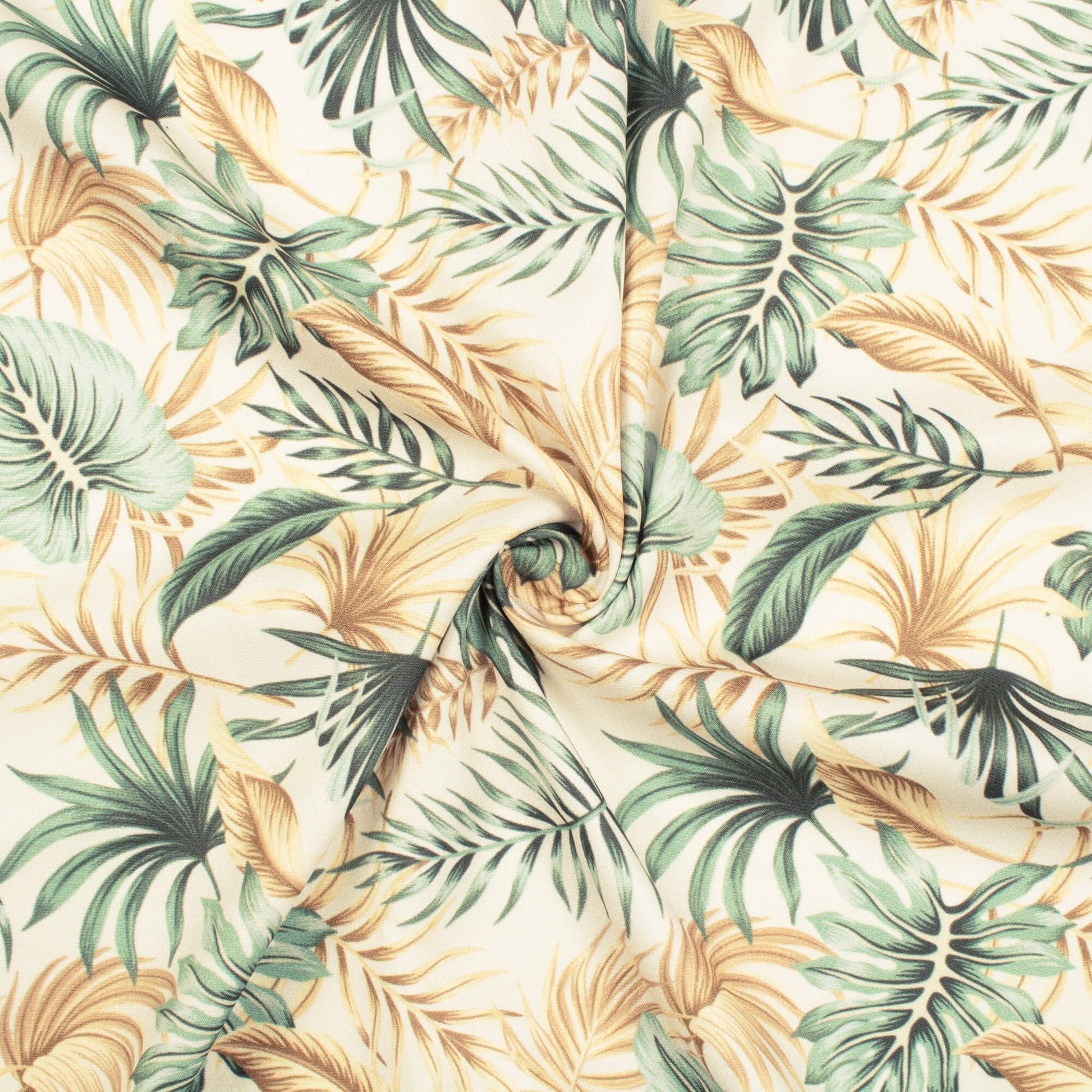 Oyster Cream And Beige Tropical Pattern Digital Print American Crepe Fabric - Fabcurate