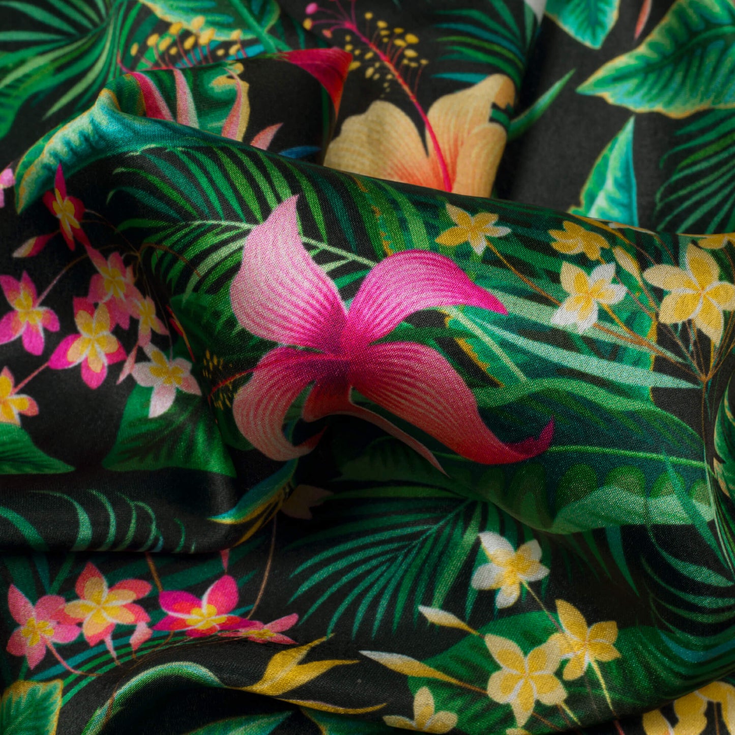 Black And Pink Tropical Pattern Digital Print Japan Satin Fabric - Fabcurate