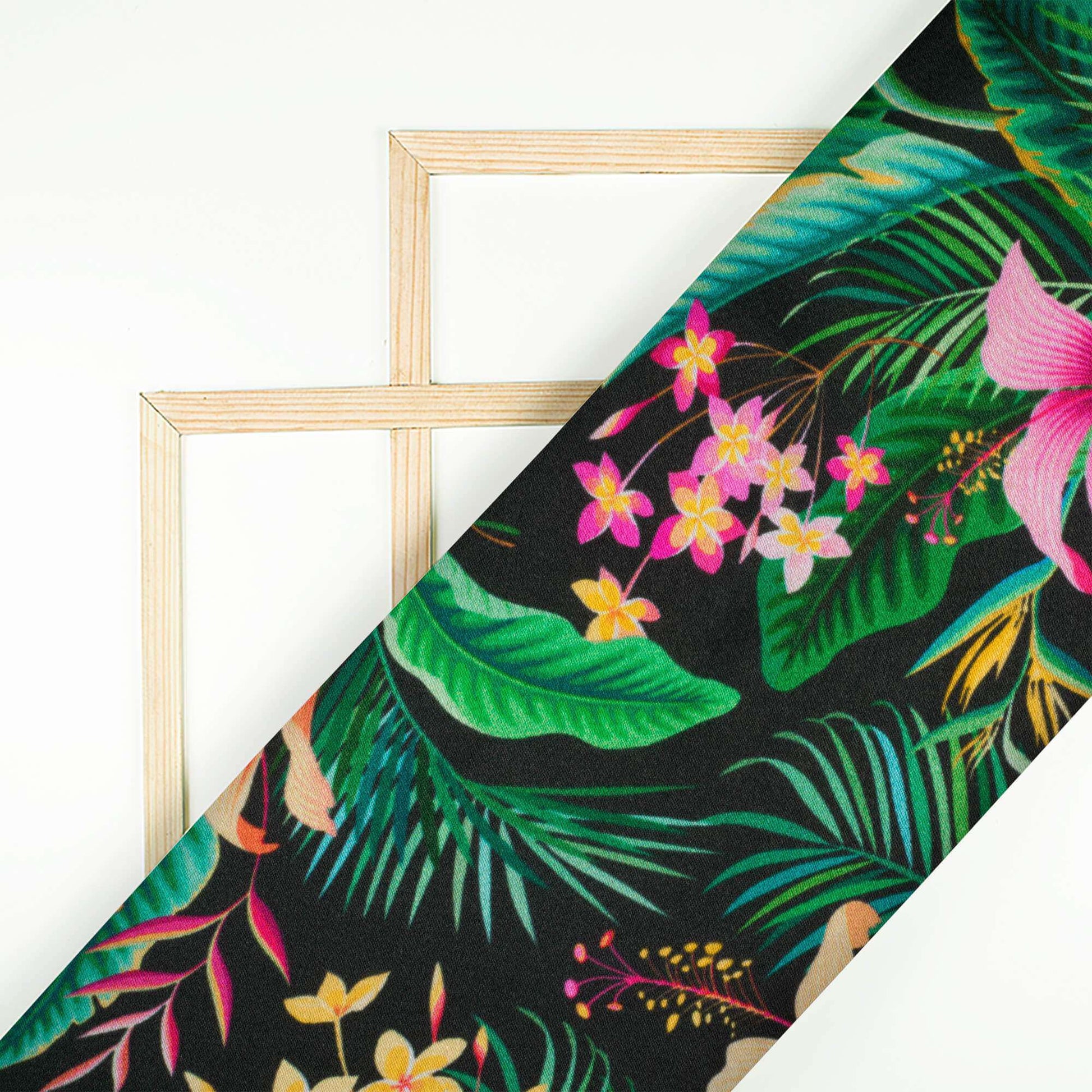 Black And Pink Tropical Pattern Digital Print Japan Satin Fabric - Fabcurate
