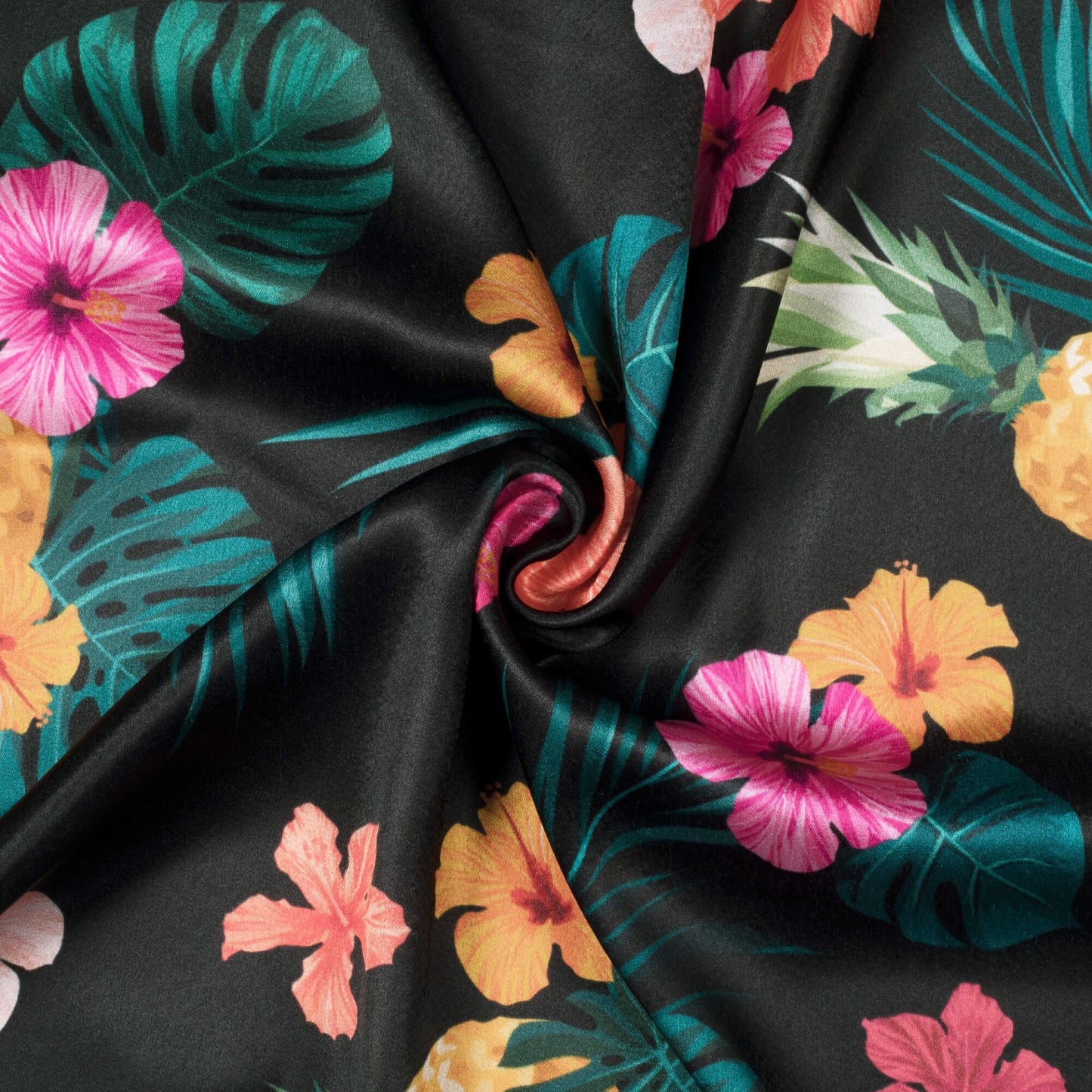 Black And Honey Yellow Tropical Pattern Digital Print Japan Satin Fabric - Fabcurate