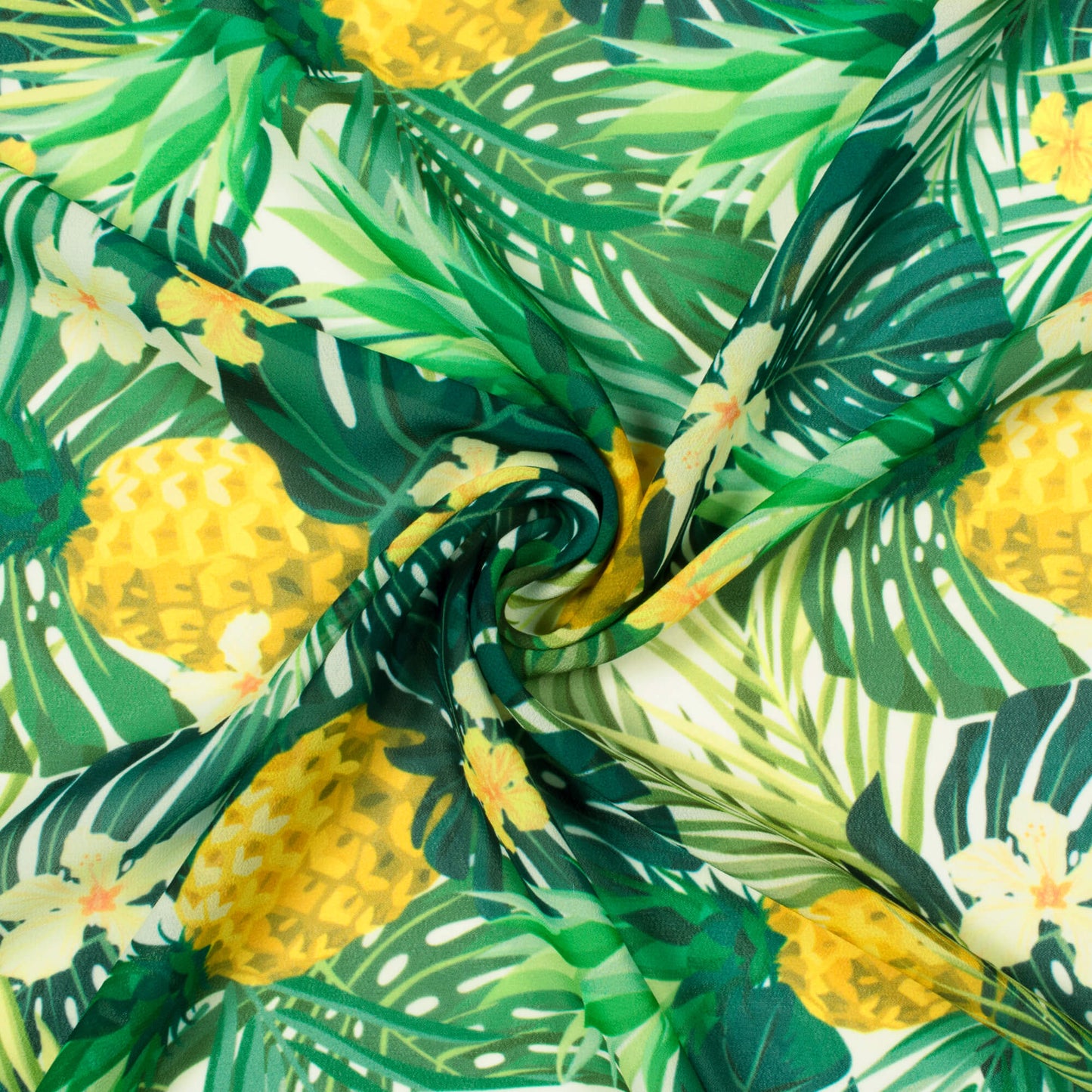 Pine Green And Mustard Yellow Tropical Pattern Digital Print Georgette Fabric
