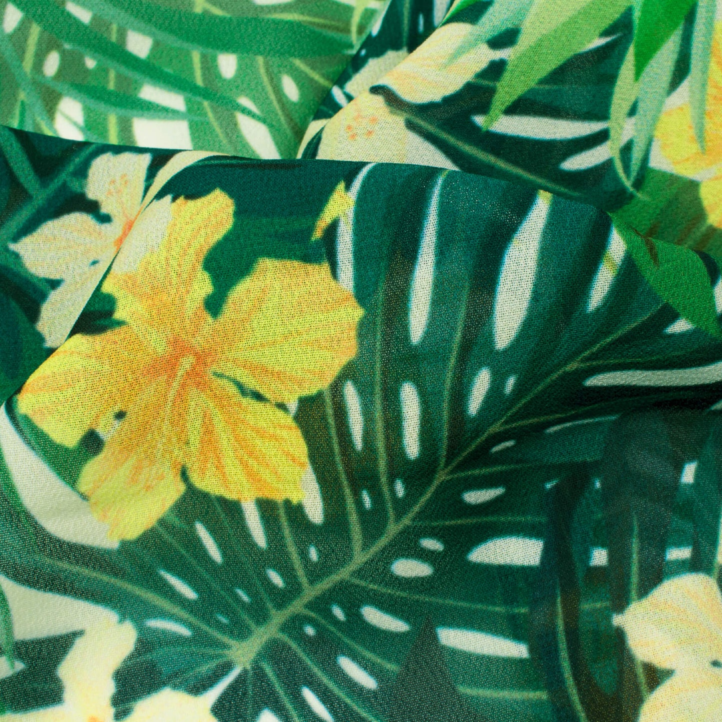 Pine Green And Mustard Yellow Tropical Pattern Digital Print Georgette Fabric