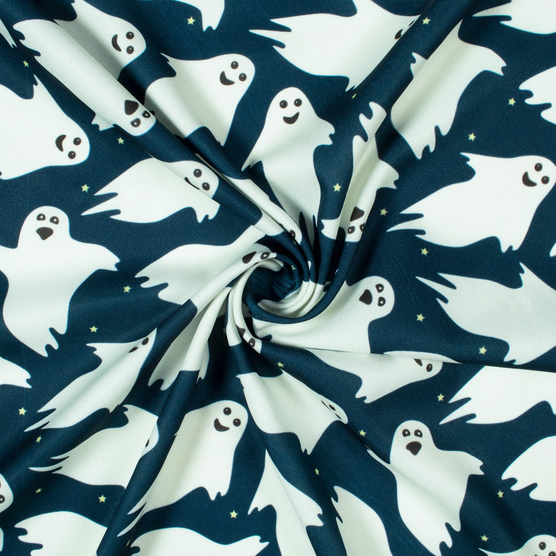 Prussian Blue And White Halloween Pattern Digital Print American Crepe Fabric - Fabcurate
