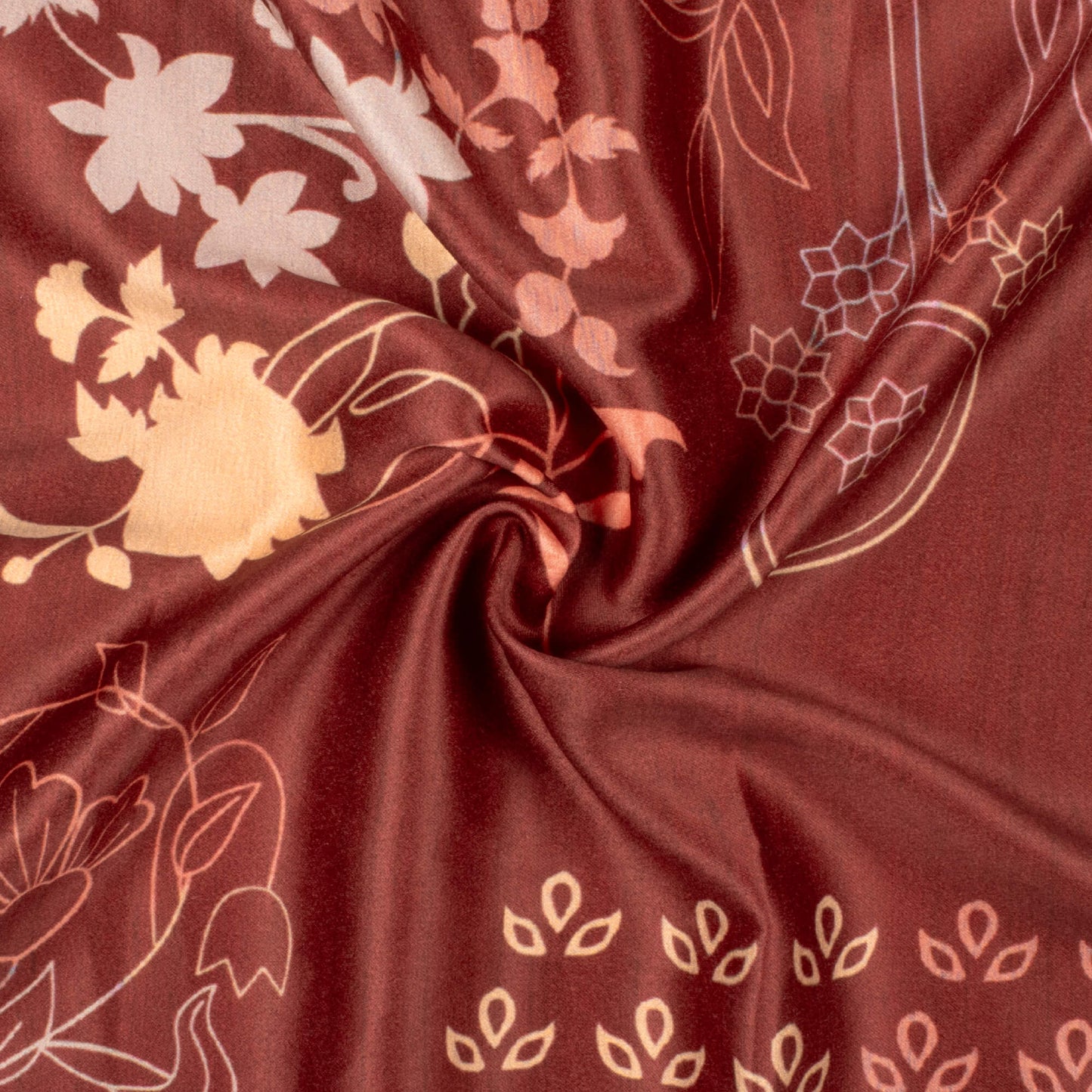 Vermillion Red And Beige Floral Pattern Digital Print Lush Satin Fabric