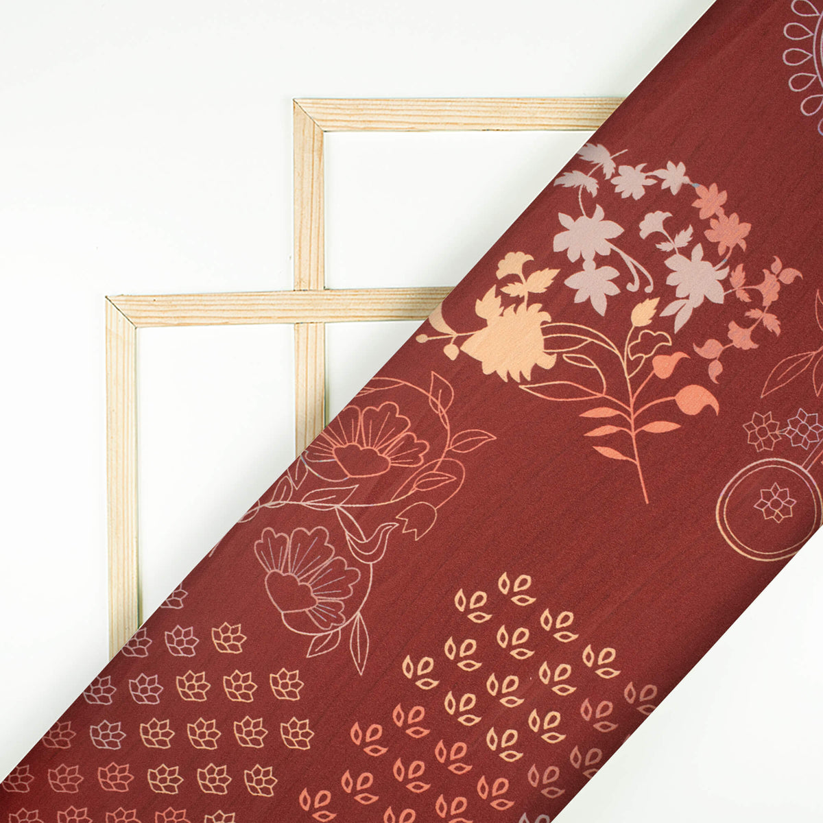 Vermillion Red And Beige Floral Pattern Digital Print Lush Satin Fabric