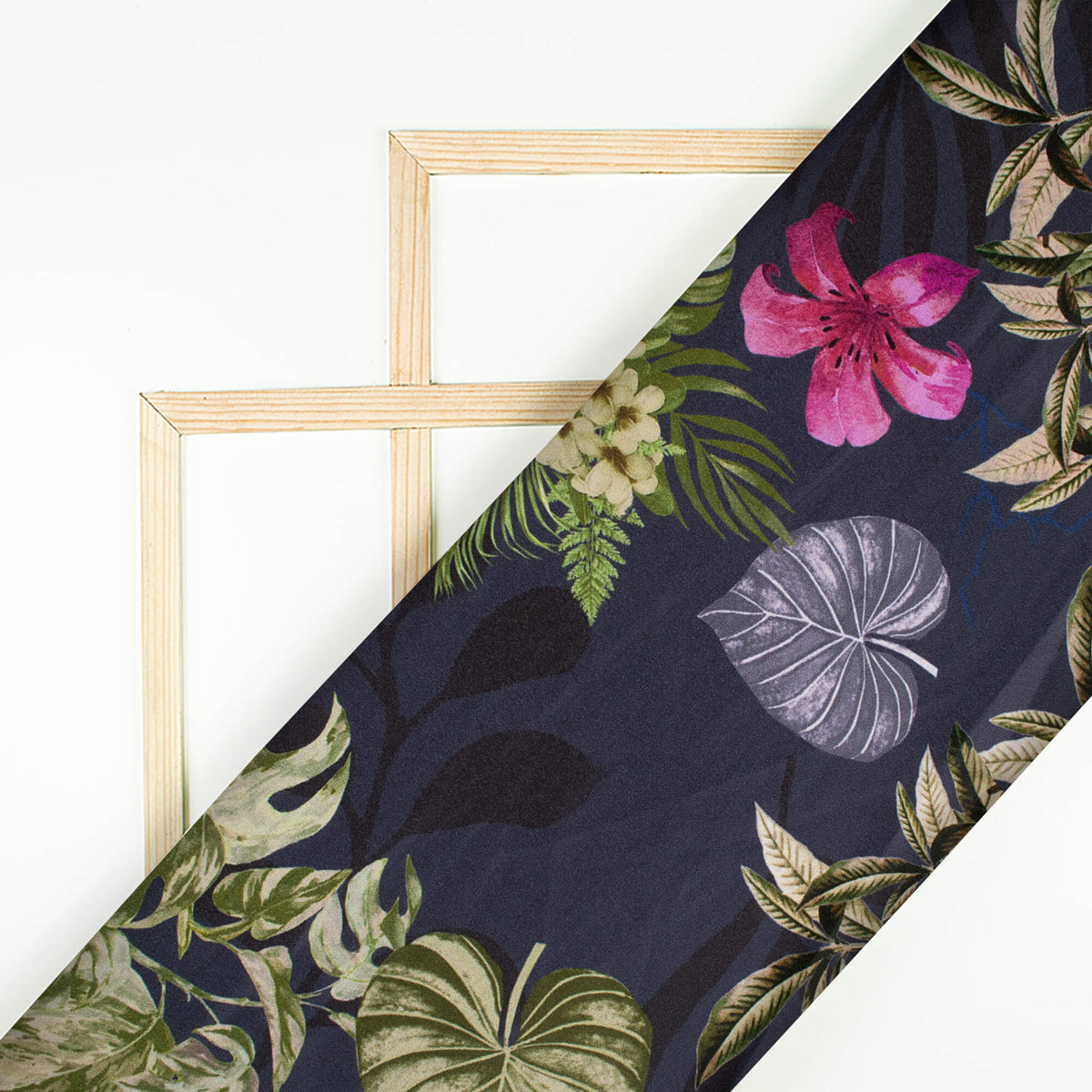 Prussian Blue And Fern Green Floral Pattern Digital Print Lush Satin Fabric
