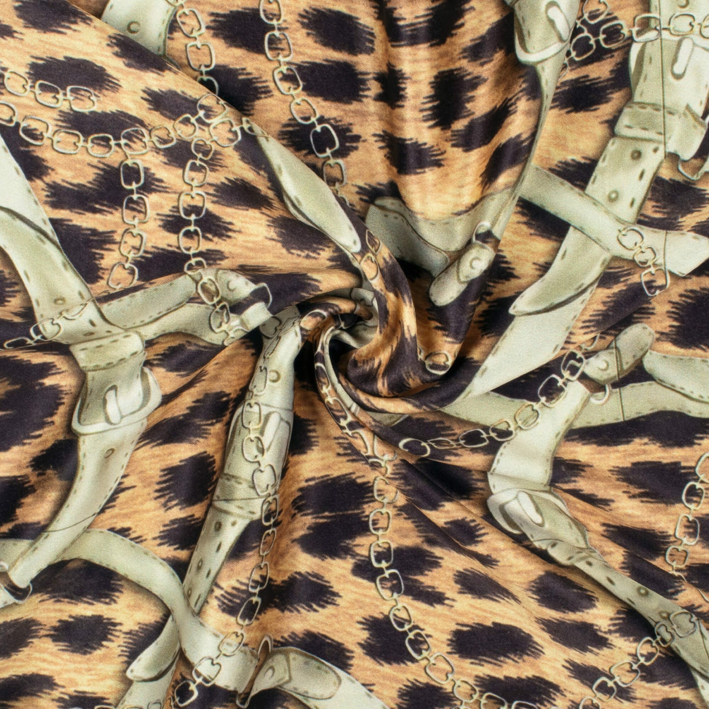 Black And Peanut Brown Animal Pattern Digital Print Lush Satin Fabric