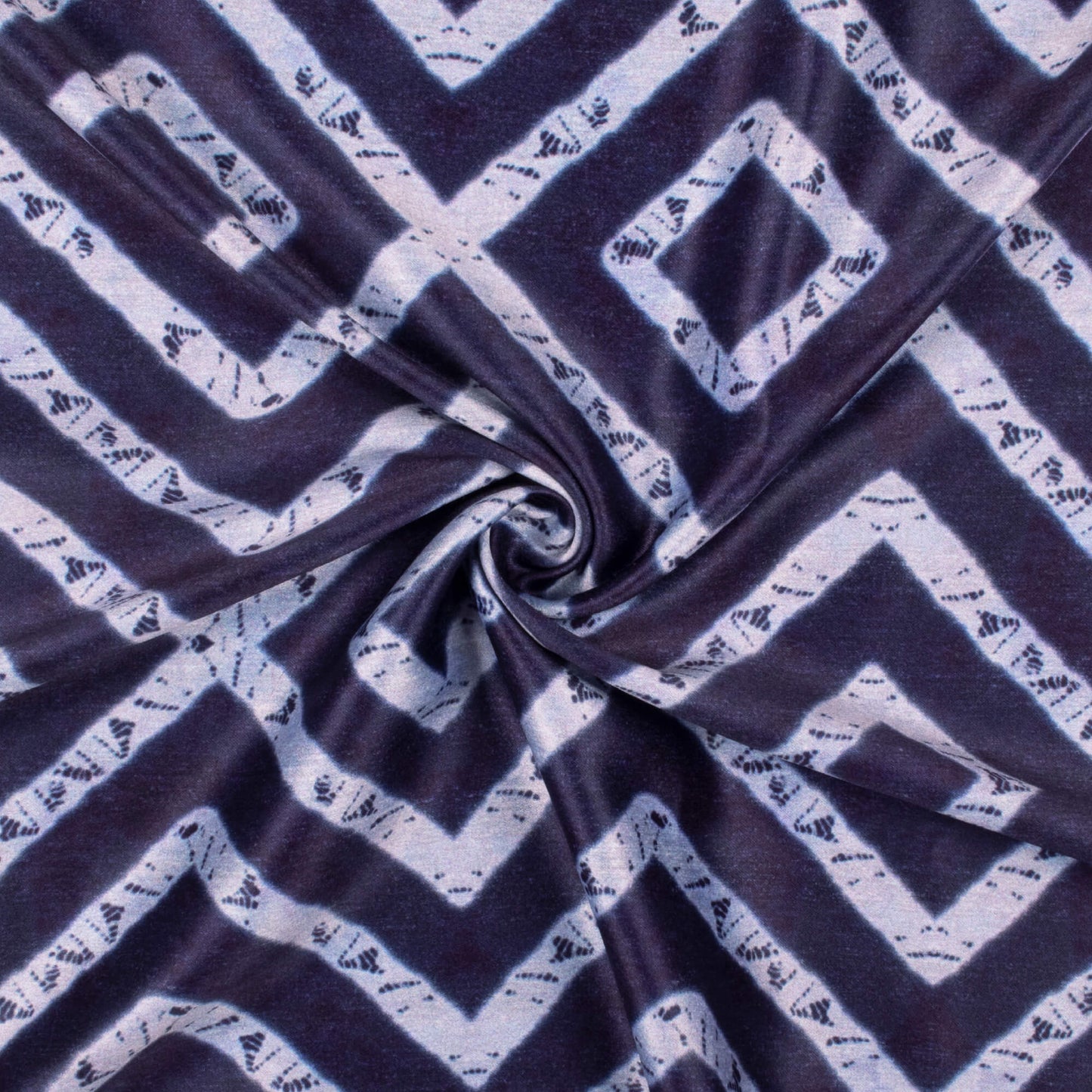 Navy Blue And Off White Chevron Pattern Digital Print Lush Satin Fabric
