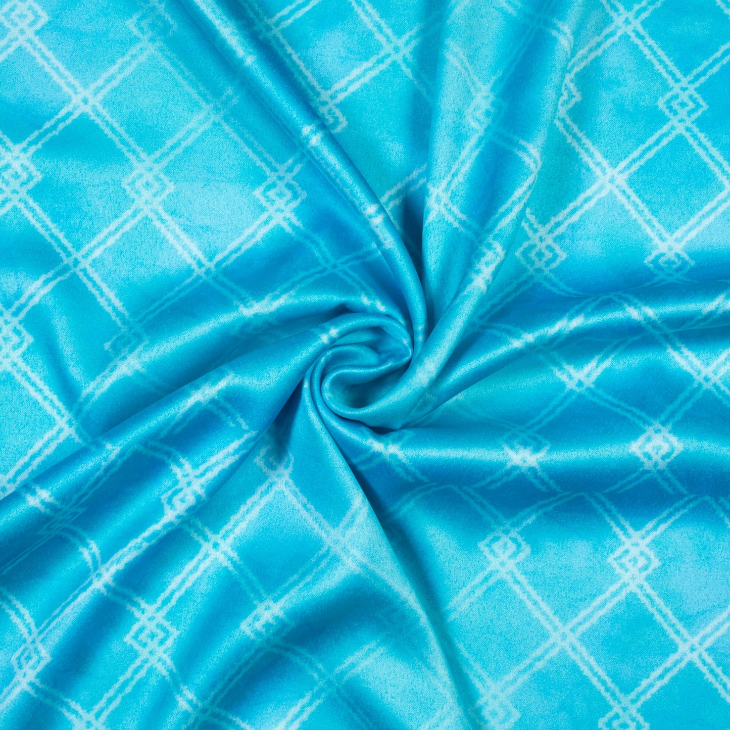Electric Blue And White Checks Pattern Digital Print Lush Satin Fabric